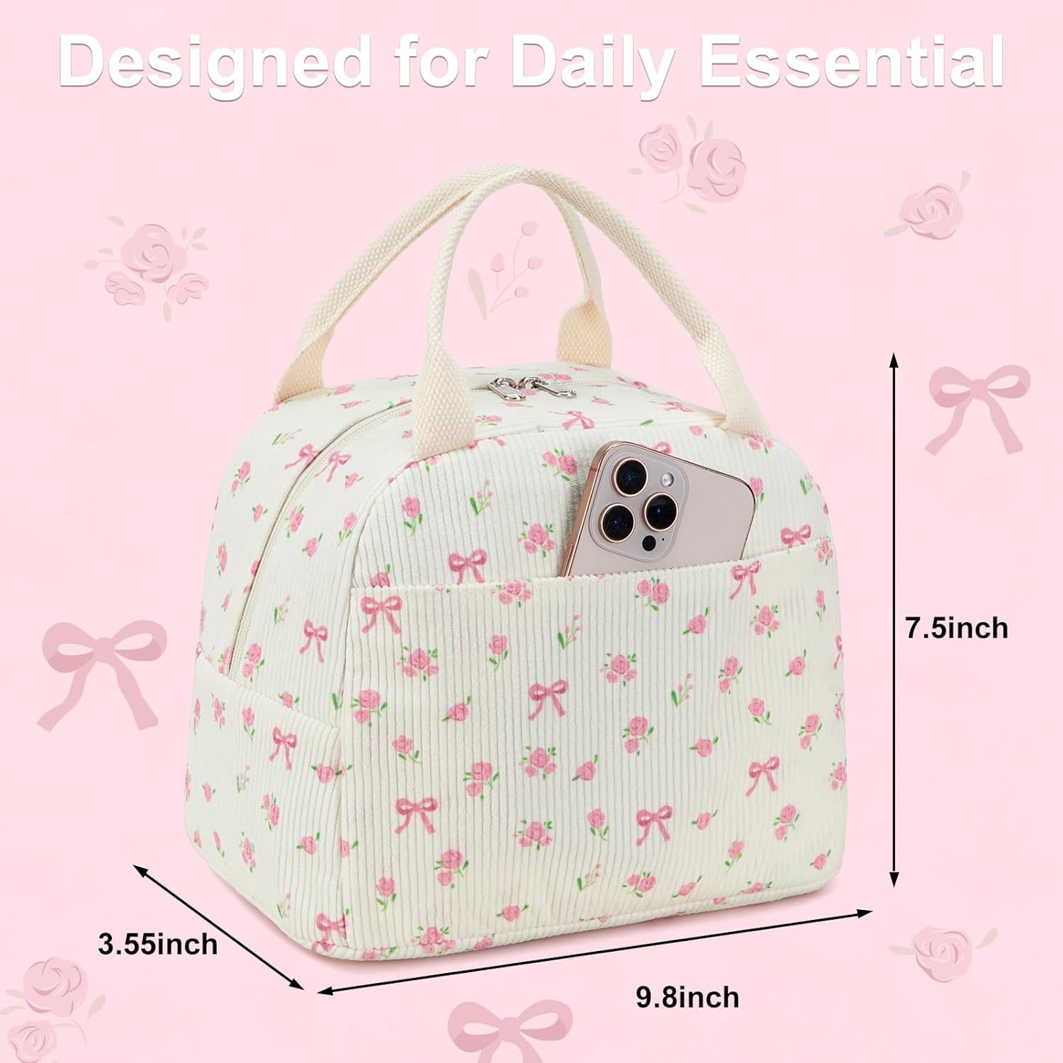 image:imageBTOOP Lunch Box for Women Girls Insulated Lunch Bag Cute Corduroy Lunchbox Adults Small Lunch Tote Bags Reusable Cooler for Work Office School Picnic TravelPink Bow Floral1