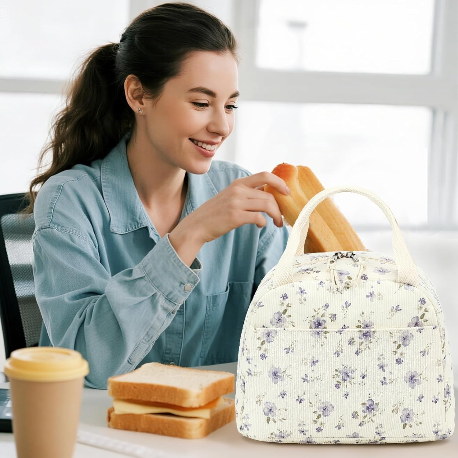 image:imageBTOOP Lunch Box for Women Girls Insulated Lunch Bag Cute Corduroy Lunchbox Adults Small Lunch Tote Bags Reusable Cooler for Work Office School Picnic TravelGrace Purple Flower