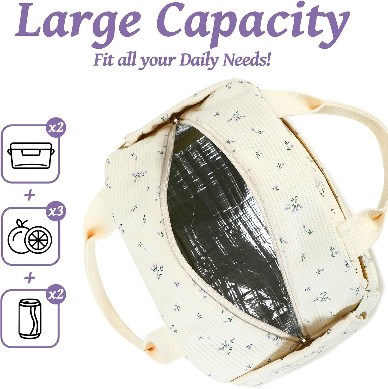 image:imageBTOOP Lunch Box for Women Girls Insulated Lunch Bag Cute Corduroy Lunchbox Adults Small Lunch Tote Bags Reusable Cooler for Work Office School Picnic TravelPurpleFlower