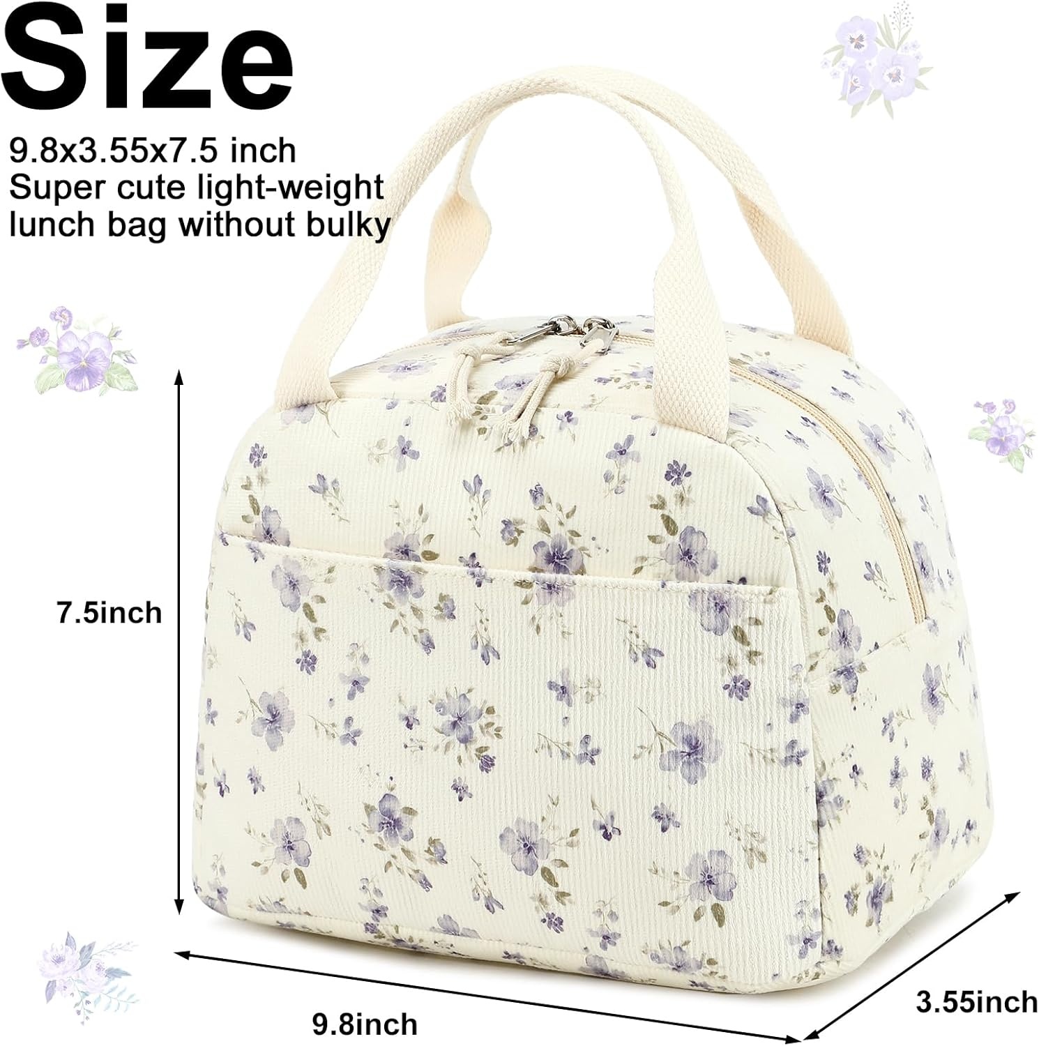 image:imageBTOOP Lunch Box for Women Girls Insulated Lunch Bag Cute Corduroy Lunchbox Adults Small Lunch Tote Bags Reusable Cooler for Work Office School Picnic TravelGrace Purple Flower