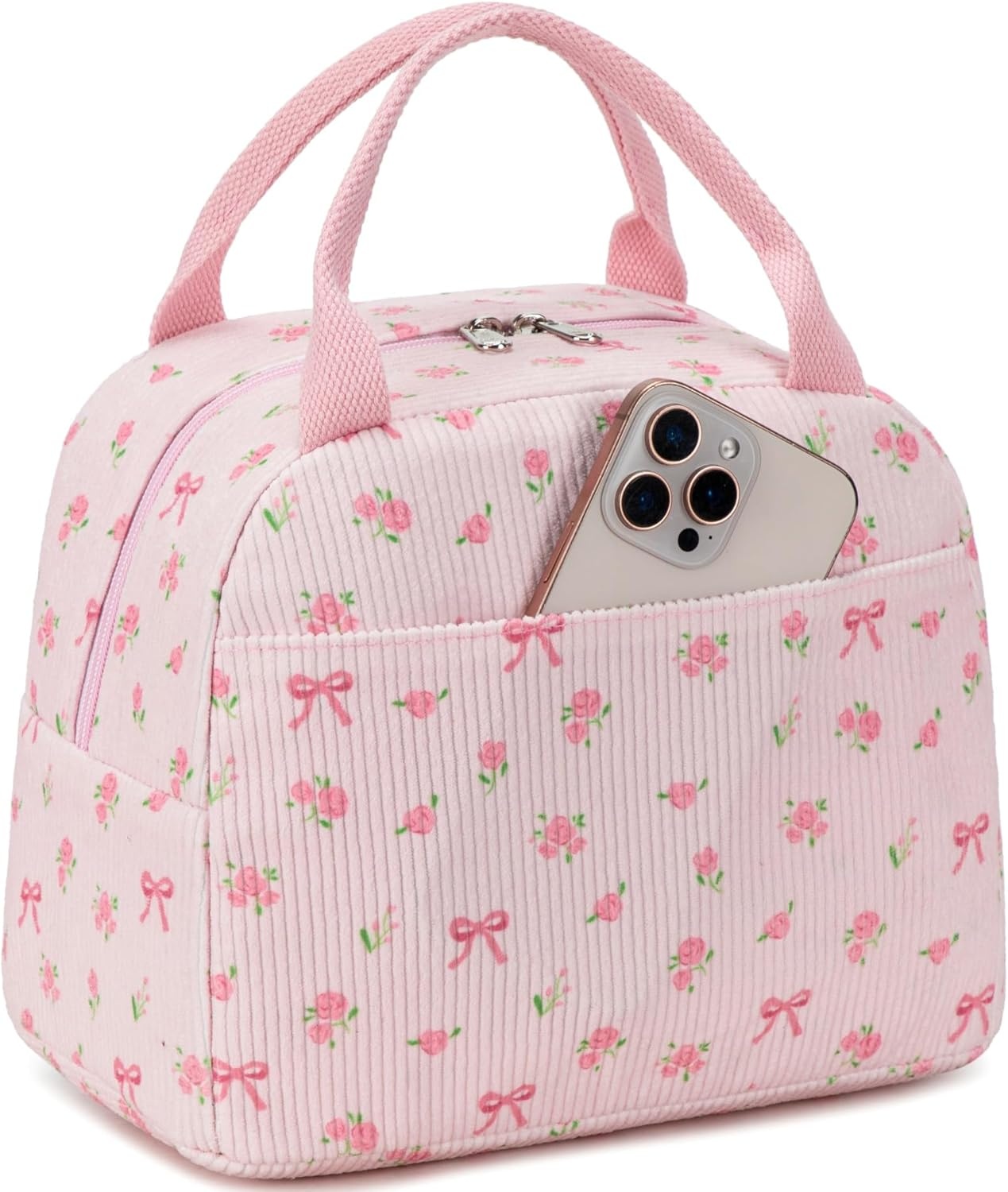 image:imageBTOOP Lunch Box for Women Girls Insulated Lunch Bag Cute Corduroy Lunchbox Adults Small Lunch Tote Bags Reusable Cooler for Work Office School Picnic TravelPink Bow Floral1
