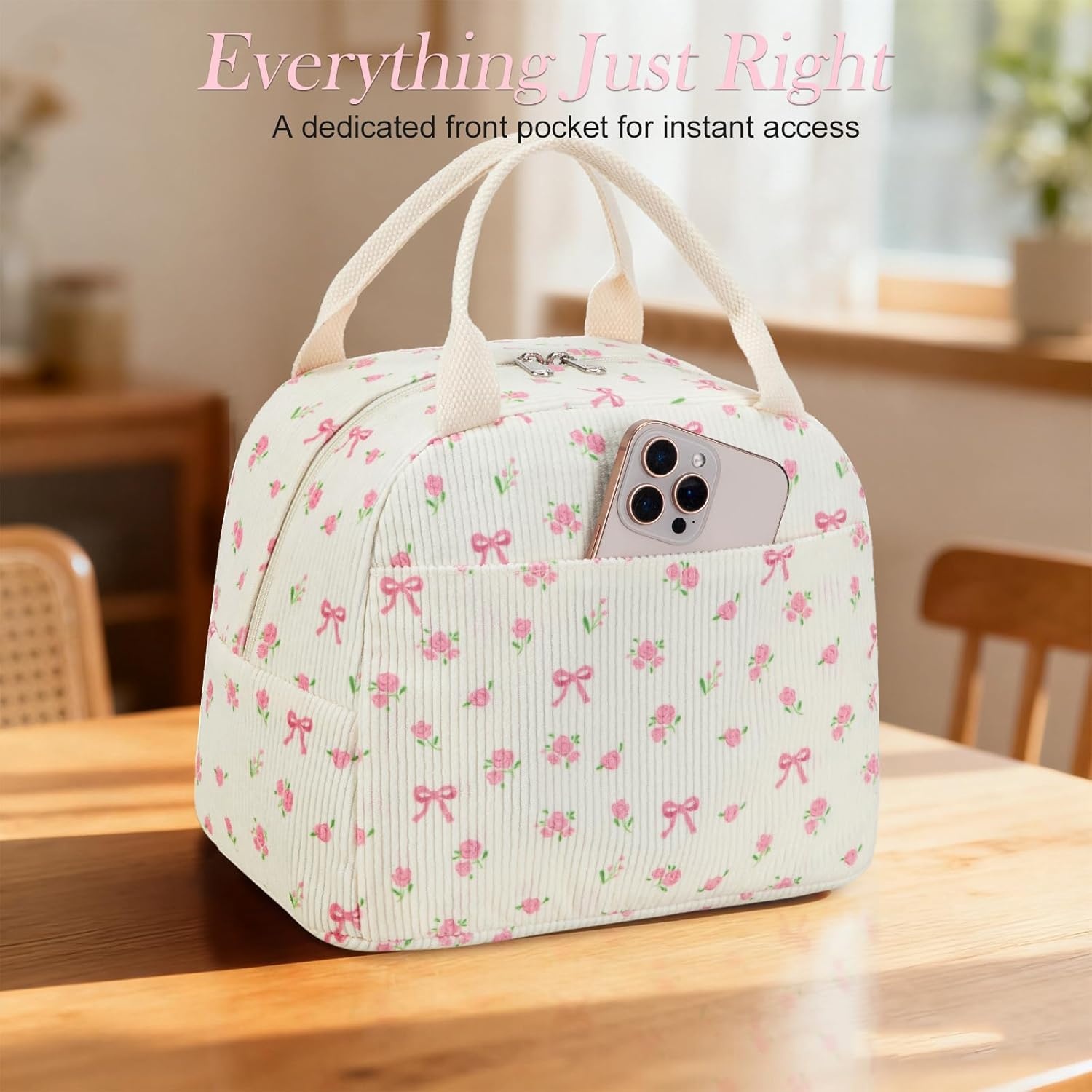 image:imageBTOOP Lunch Box for Women Girls Insulated Lunch Bag Cute Corduroy Lunchbox Adults Small Lunch Tote Bags Reusable Cooler for Work Office School Picnic TravelPink Bow Floral