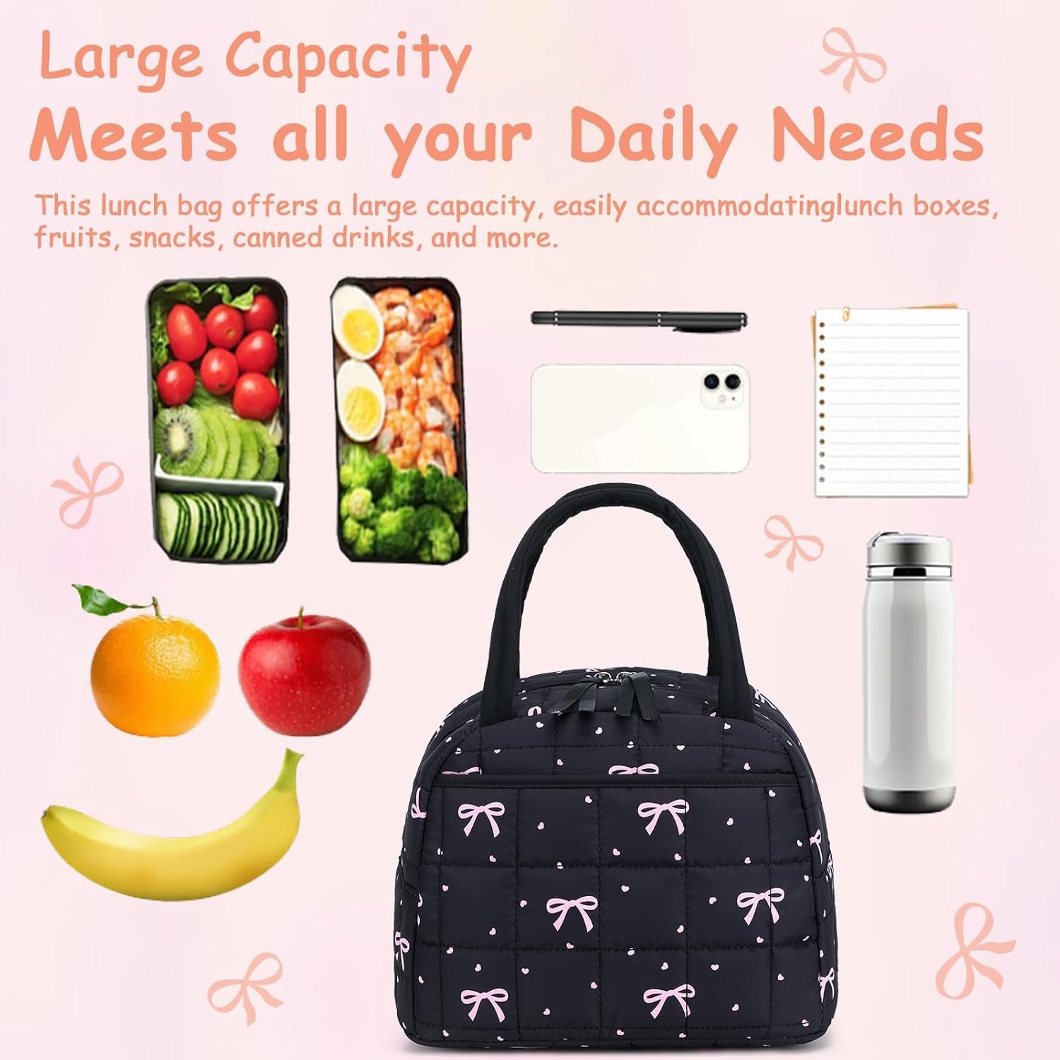image:imageBTOOP Lunch Box for Women Girls Insulated Lunch Bag Cute Corduroy Lunchbox Adults Small Lunch Tote Bags Reusable Cooler for Work Office School Picnic TravelPink Bow