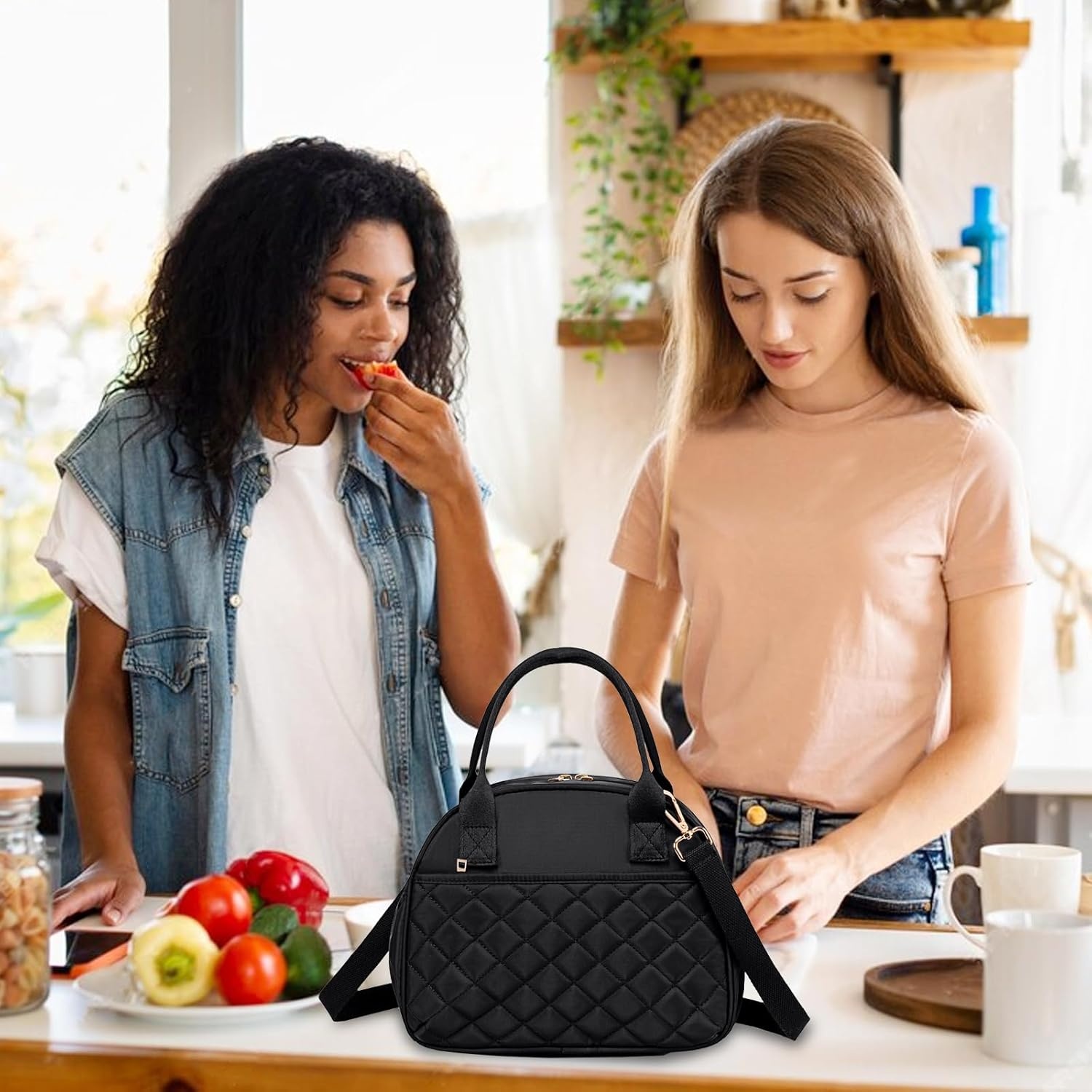 image:imageBTOOP Lunch Box for Women Men Insulated Lunch Bag Quilted Lunchbox Cute Adult Lunch Tote with Adjustable Shoulder Strap Reusable Lunch Bags Water Resistant for Travel Work Picnic BeigeBlack