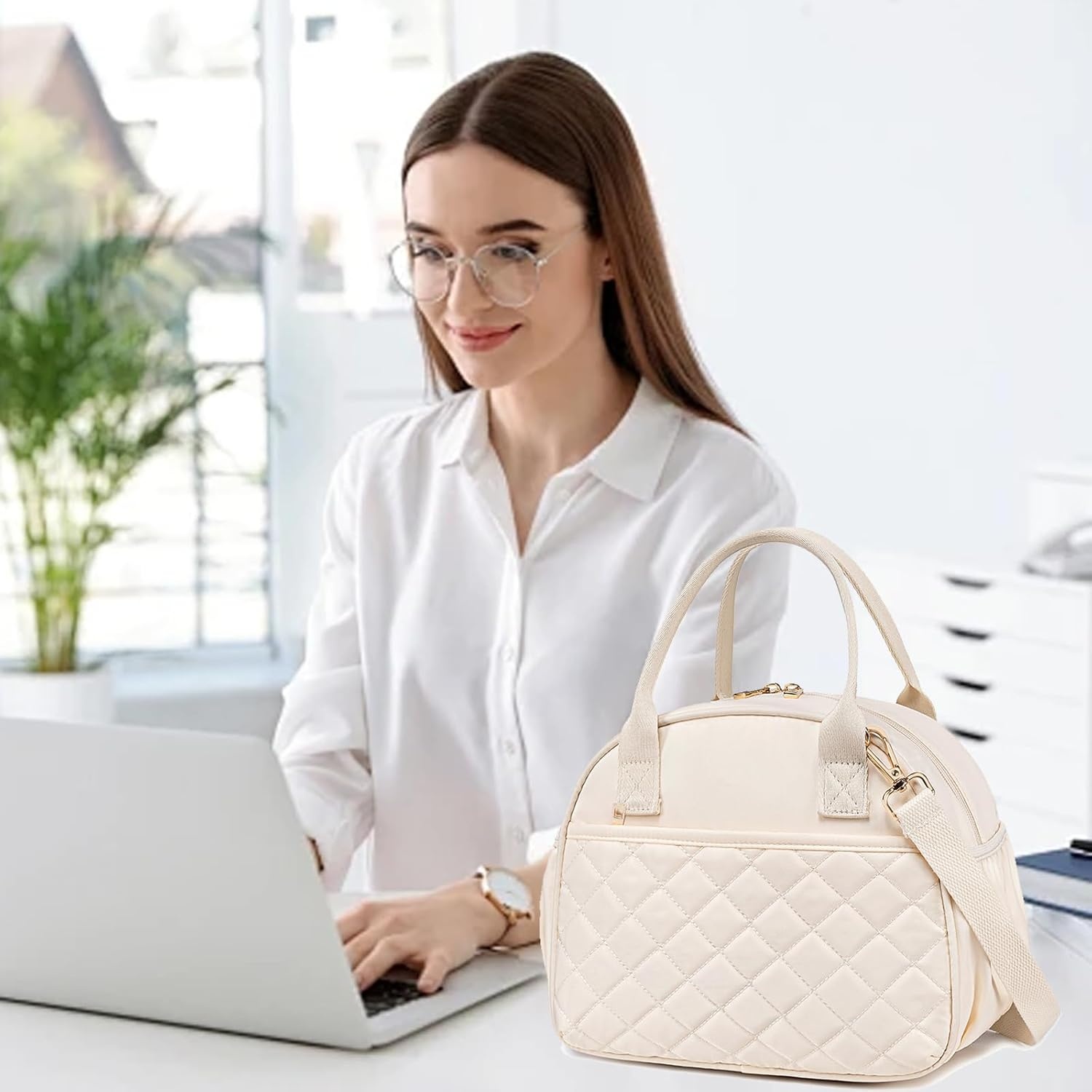 image:imageBTOOP Lunch Box for Women Men Insulated Lunch Bag Quilted Lunchbox Cute Adult Lunch Tote with Adjustable Shoulder Strap Reusable Lunch Bags Water Resistant for Travel Work Picnic BeigeBeige