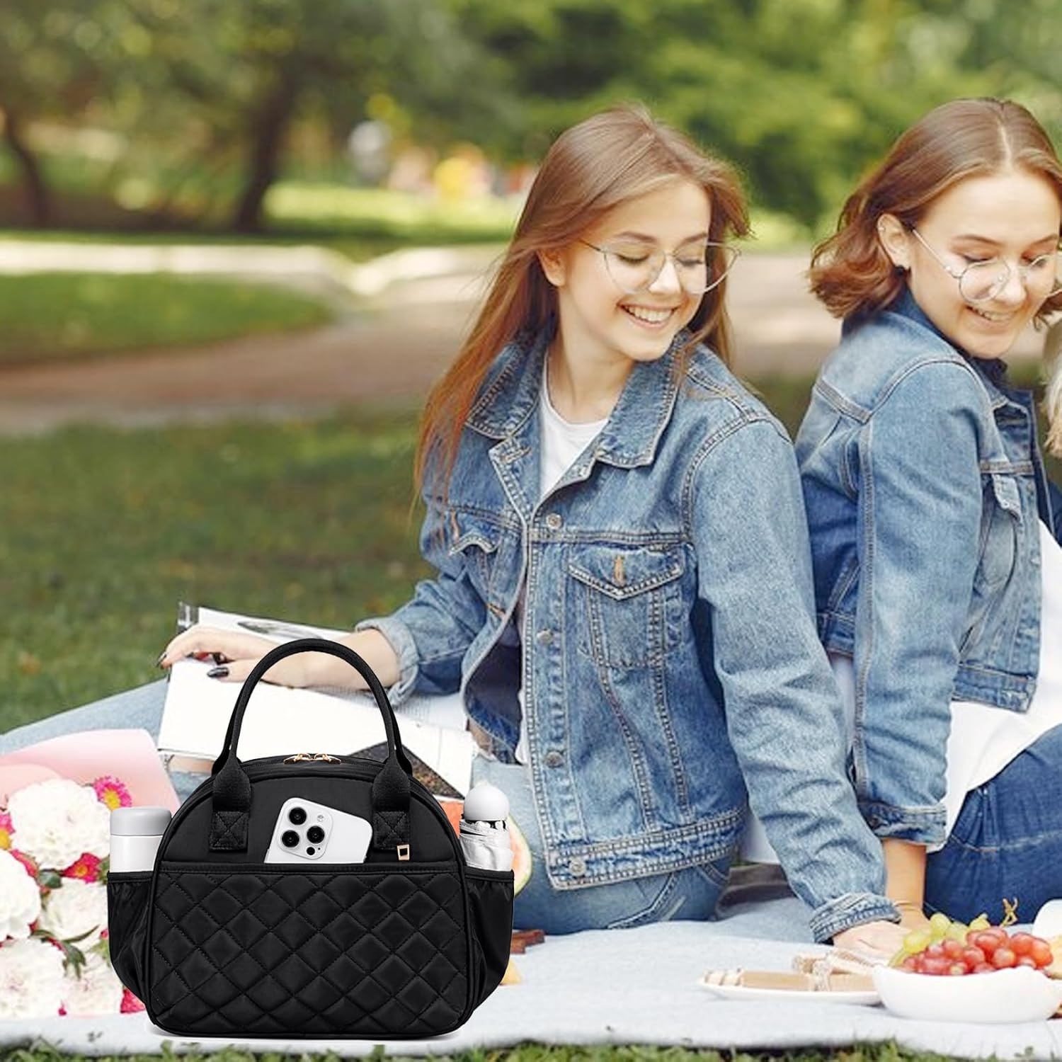 image:imageBTOOP Lunch Box for Women Men Insulated Lunch Bag Quilted Lunchbox Cute Adult Lunch Tote with Adjustable Shoulder Strap Reusable Lunch Bags Water Resistant for Travel Work Picnic BeigeBlack