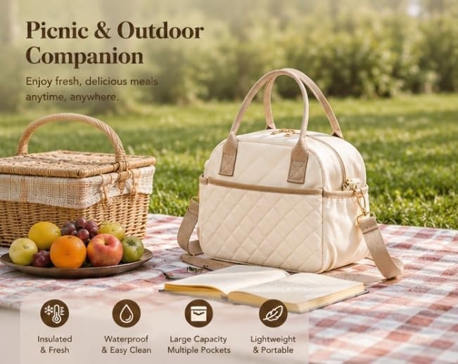 image:imageBTOOP Lunch Box for Women Men Insulated Lunch Bag Quilted Lunchbox Cute Adult Lunch Tote with Adjustable Shoulder Strap Reusable Lunch Bags Water Resistant for Travel Work Picnic BeigeBeige Brown