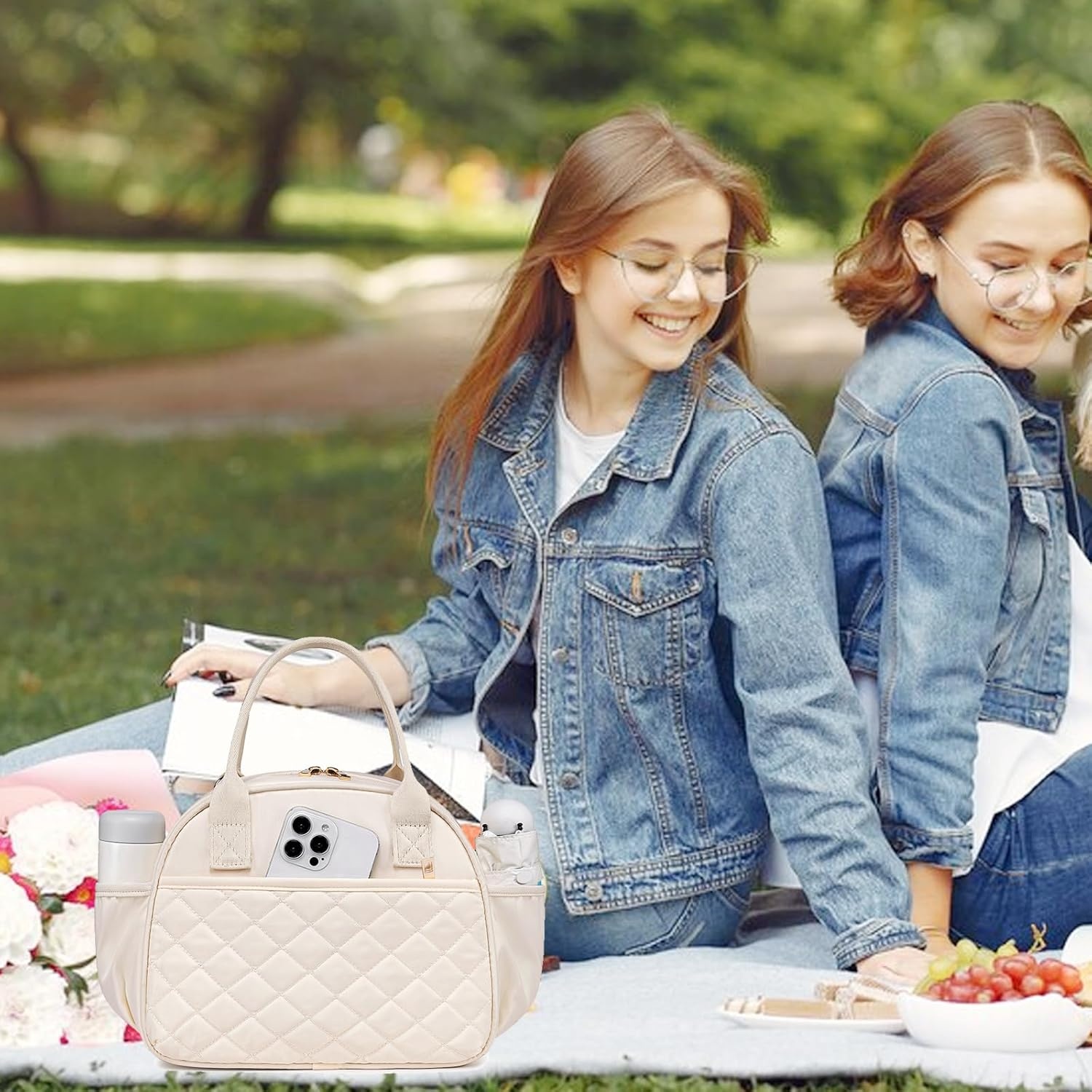 image:imageBTOOP Lunch Box for Women Men Insulated Lunch Bag Quilted Lunchbox Cute Adult Lunch Tote with Adjustable Shoulder Strap Reusable Lunch Bags Water Resistant for Travel Work Picnic BeigeBeige