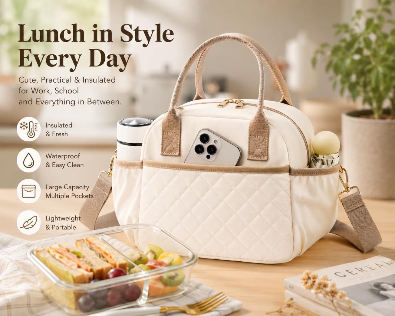 image:imageBTOOP Lunch Box for Women Men Insulated Lunch Bag Quilted Lunchbox Cute Adult Lunch Tote with Adjustable Shoulder Strap Reusable Lunch Bags Water Resistant for Travel Work Picnic BeigeBeige Brown