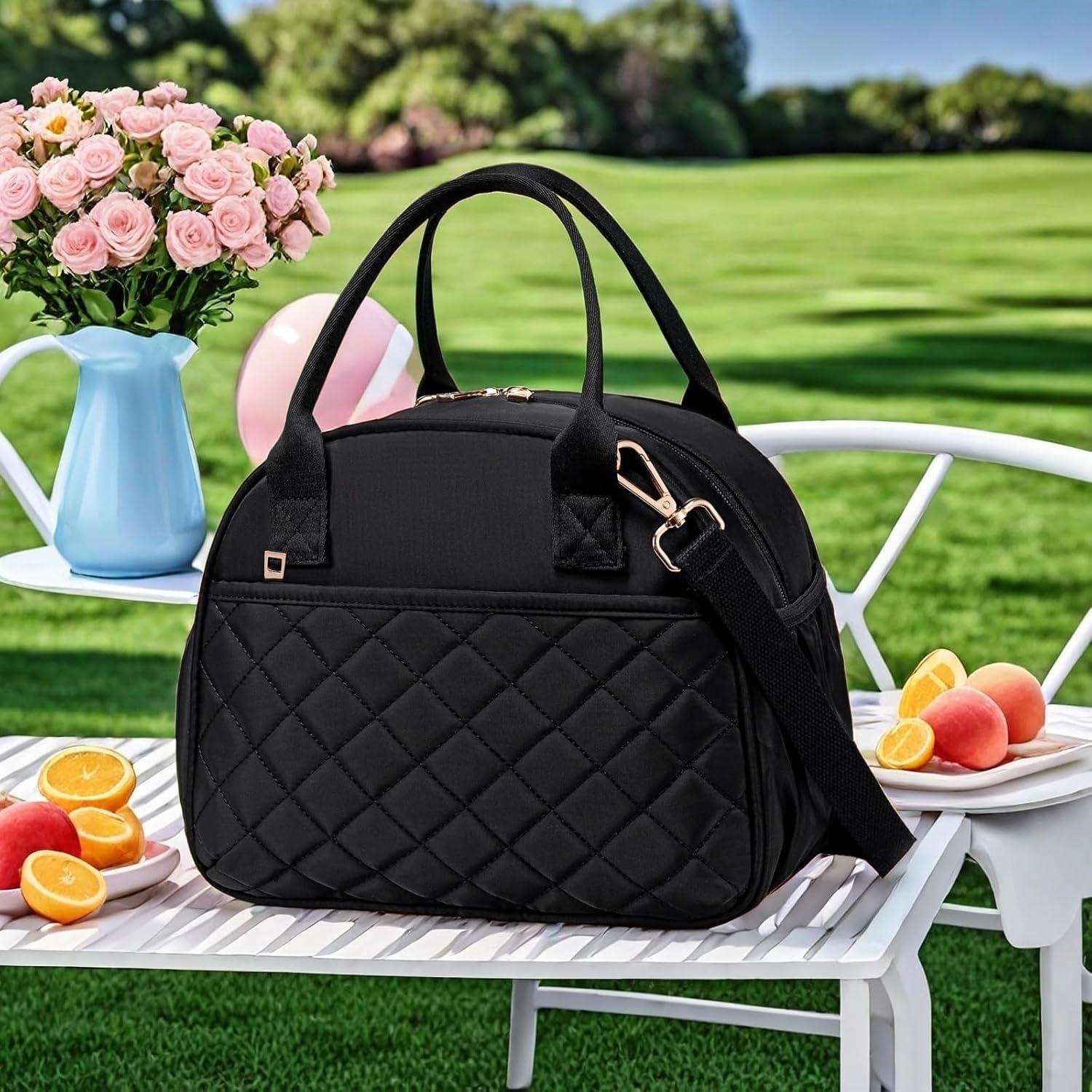 image:imageBTOOP Lunch Box for Women Men Insulated Lunch Bag Quilted Lunchbox Cute Adult Lunch Tote with Adjustable Shoulder Strap Reusable Lunch Bags Water Resistant for Travel Work Picnic BeigeBlack