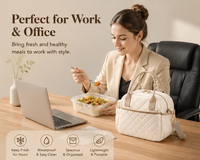 image:imageBTOOP Lunch Box for Women Men Insulated Lunch Bag Quilted Lunchbox Cute Adult Lunch Tote with Adjustable Shoulder Strap Reusable Lunch Bags Water Resistant for Travel Work Picnic BeigeBeige Brown