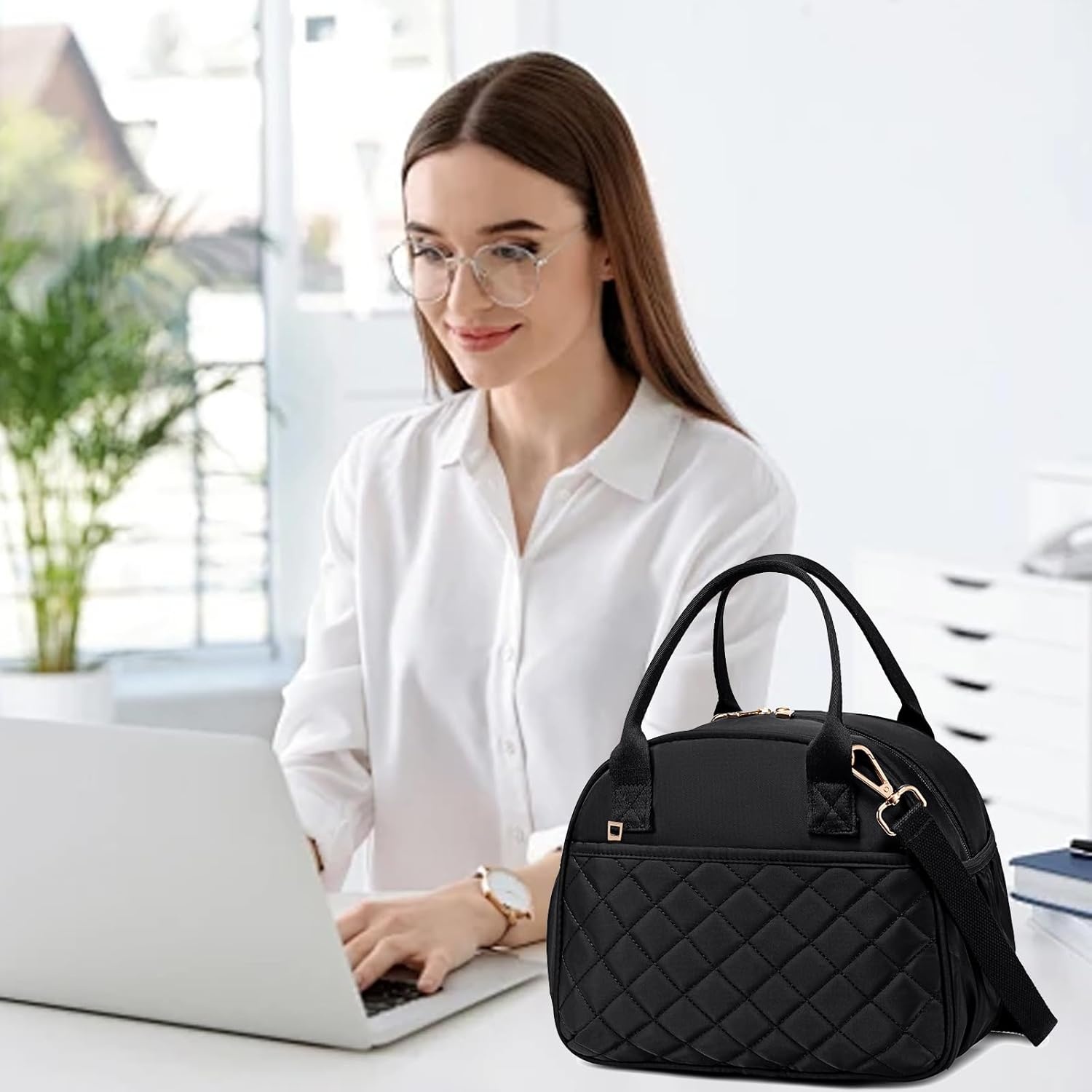 image:imageBTOOP Lunch Box for Women Men Insulated Lunch Bag Quilted Lunchbox Cute Adult Lunch Tote with Adjustable Shoulder Strap Reusable Lunch Bags Water Resistant for Travel Work Picnic BeigeBlack