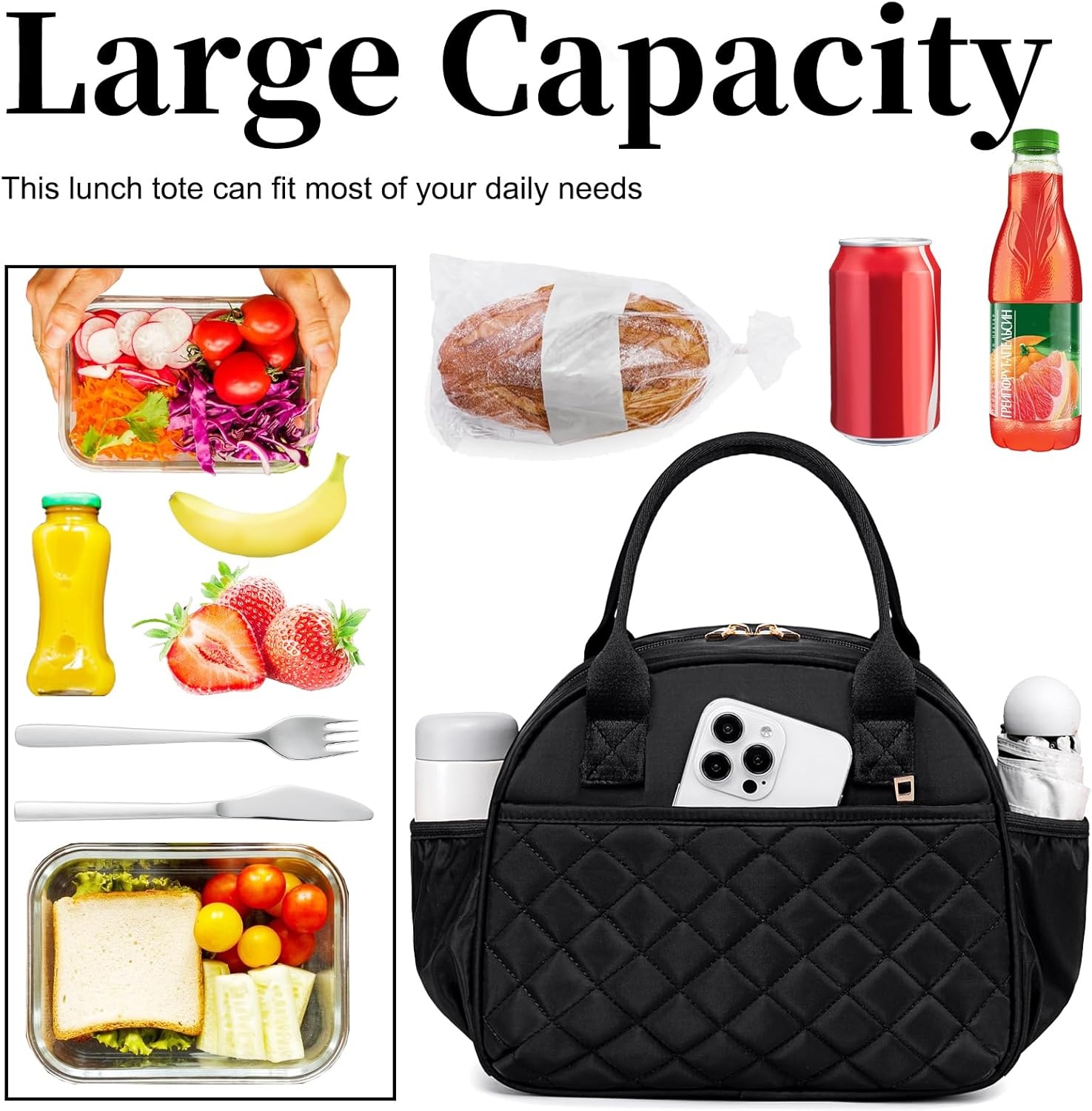 image:imageBTOOP Lunch Box for Women Men Insulated Lunch Bag Quilted Lunchbox Cute Adult Lunch Tote with Adjustable Shoulder Strap Reusable Lunch Bags Water Resistant for Travel Work Picnic BeigeBlack
