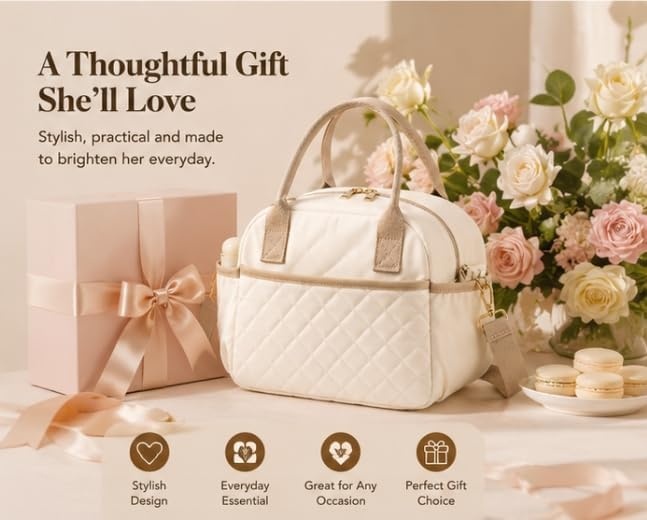 image:imageBTOOP Lunch Box for Women Men Insulated Lunch Bag Quilted Lunchbox Cute Adult Lunch Tote with Adjustable Shoulder Strap Reusable Lunch Bags Water Resistant for Travel Work Picnic BeigeBeige Brown