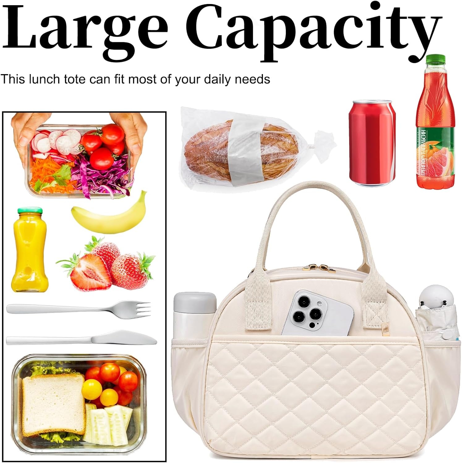 image:imageBTOOP Lunch Box for Women Men Insulated Lunch Bag Quilted Lunchbox Cute Adult Lunch Tote with Adjustable Shoulder Strap Reusable Lunch Bags Water Resistant for Travel Work Picnic BeigeBeige