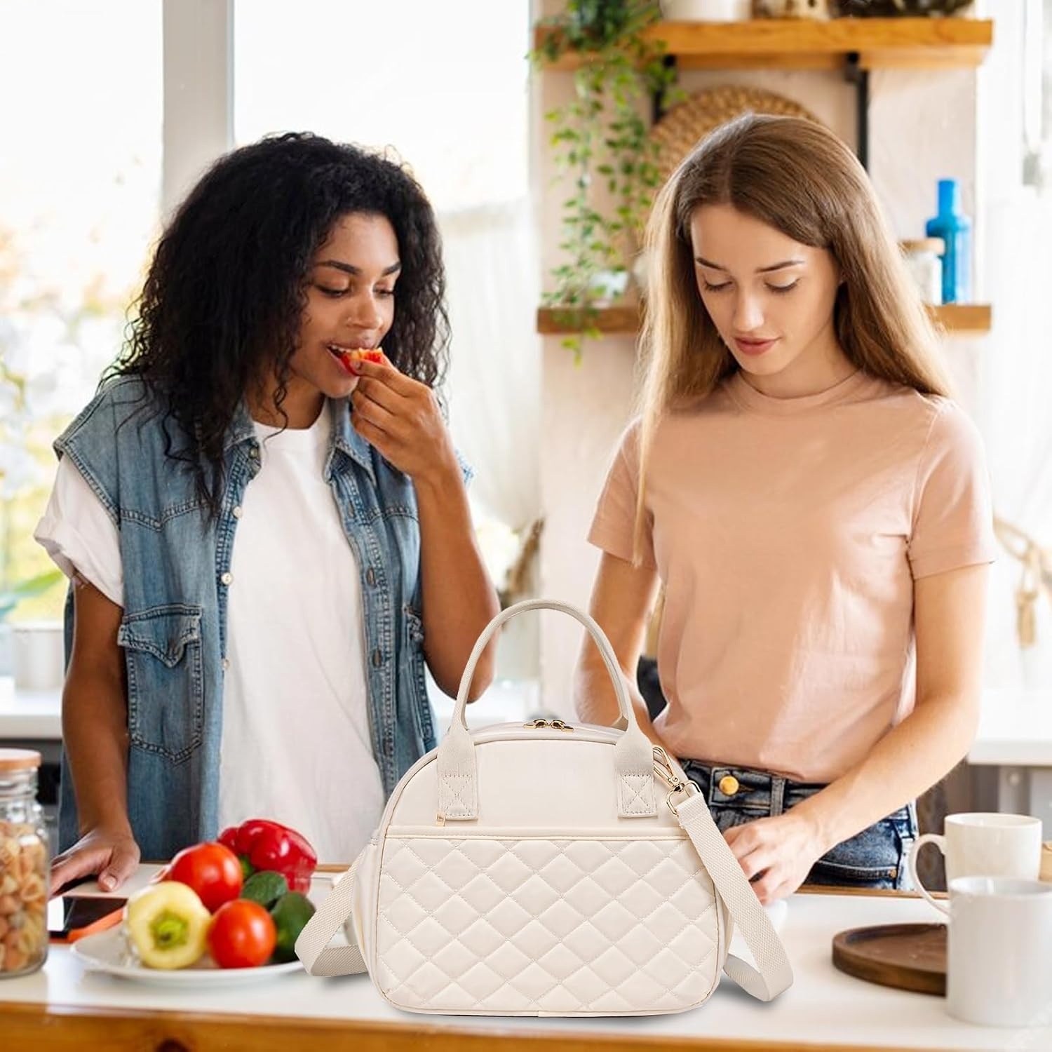 image:imageBTOOP Lunch Box for Women Men Insulated Lunch Bag Quilted Lunchbox Cute Adult Lunch Tote with Adjustable Shoulder Strap Reusable Lunch Bags Water Resistant for Travel Work Picnic BeigeBeige