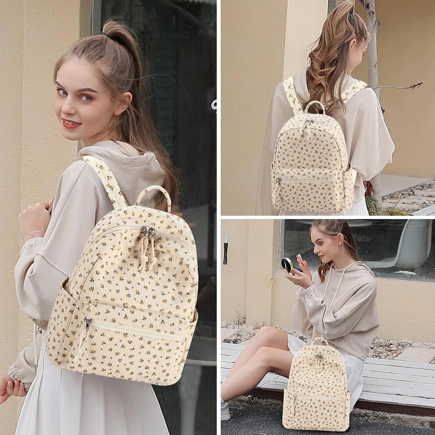 image:imageBTOOP Mini Backpack Women Girls Waterresistant Small Backpack Purse Shoulder Bag for Womens Adult Kids School TravelCorduroybeige Floral