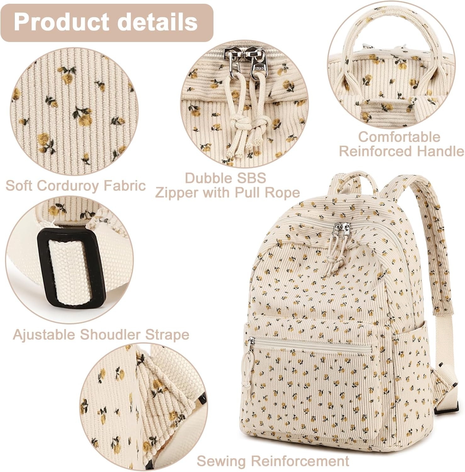 image:imageBTOOP Mini Backpack Women Girls Waterresistant Small Backpack Purse Shoulder Bag for Womens Adult Kids School TravelCorduroybeige Floral