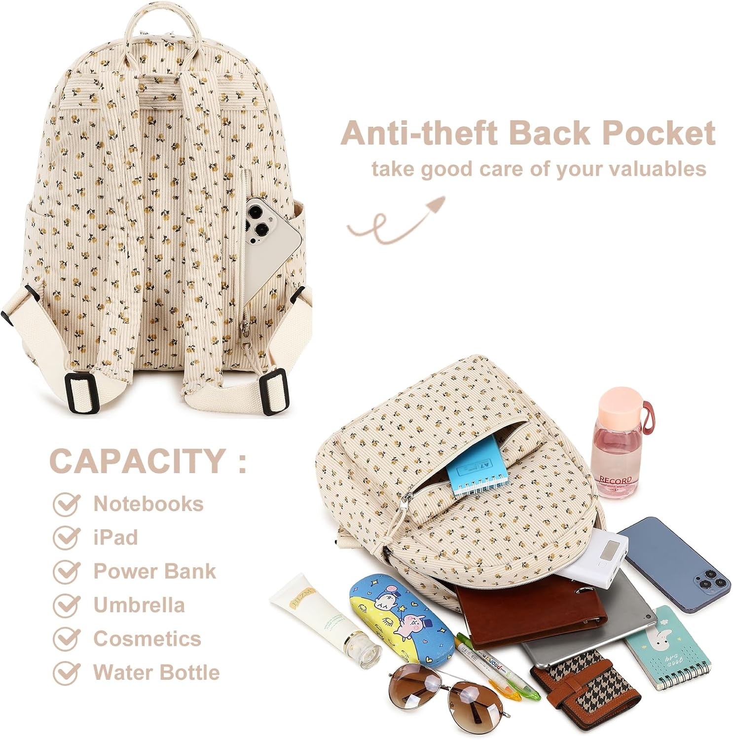 image:imageBTOOP Mini Backpack Women Girls Waterresistant Small Backpack Purse Shoulder Bag for Womens Adult Kids School TravelCorduroybeige Floral