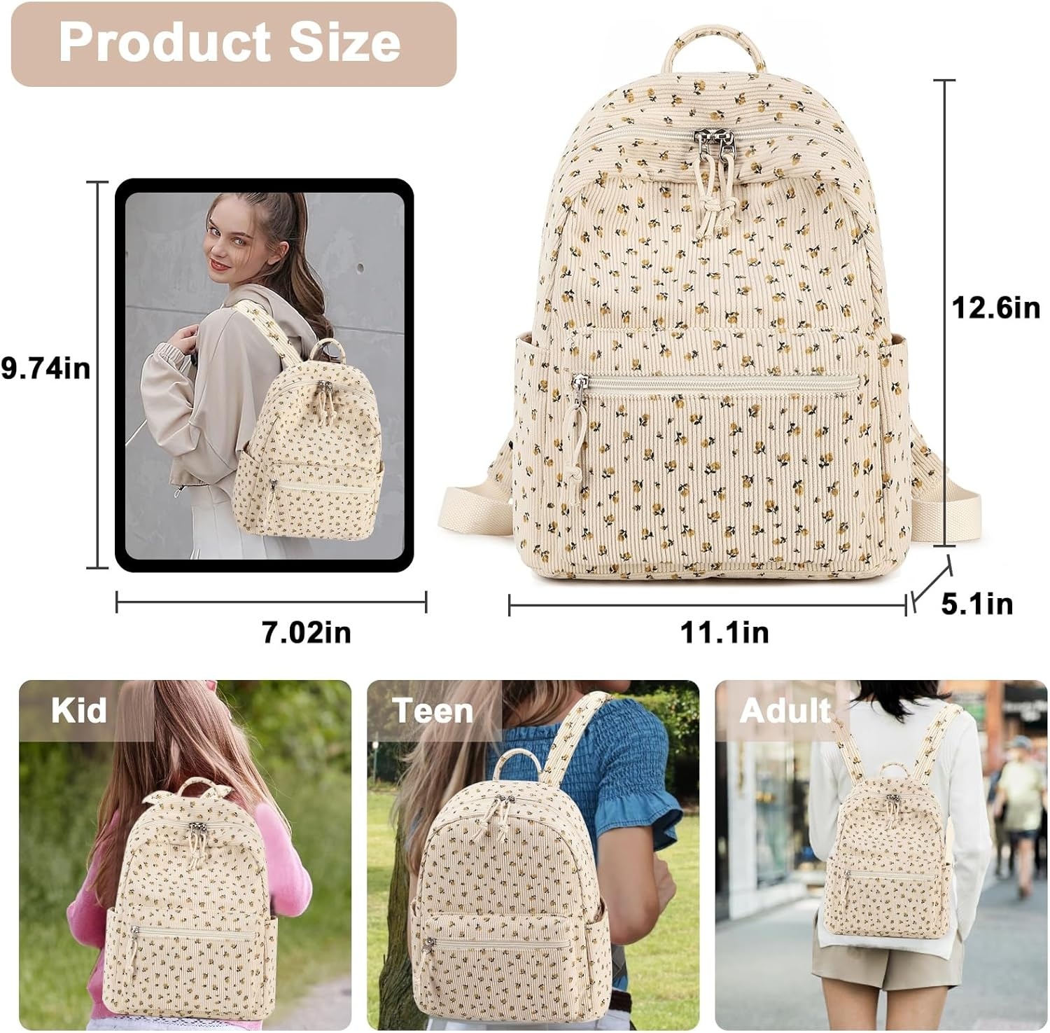 image:imageBTOOP Mini Backpack Women Girls Waterresistant Small Backpack Purse Shoulder Bag for Womens Adult Kids School TravelCorduroybeige Floral