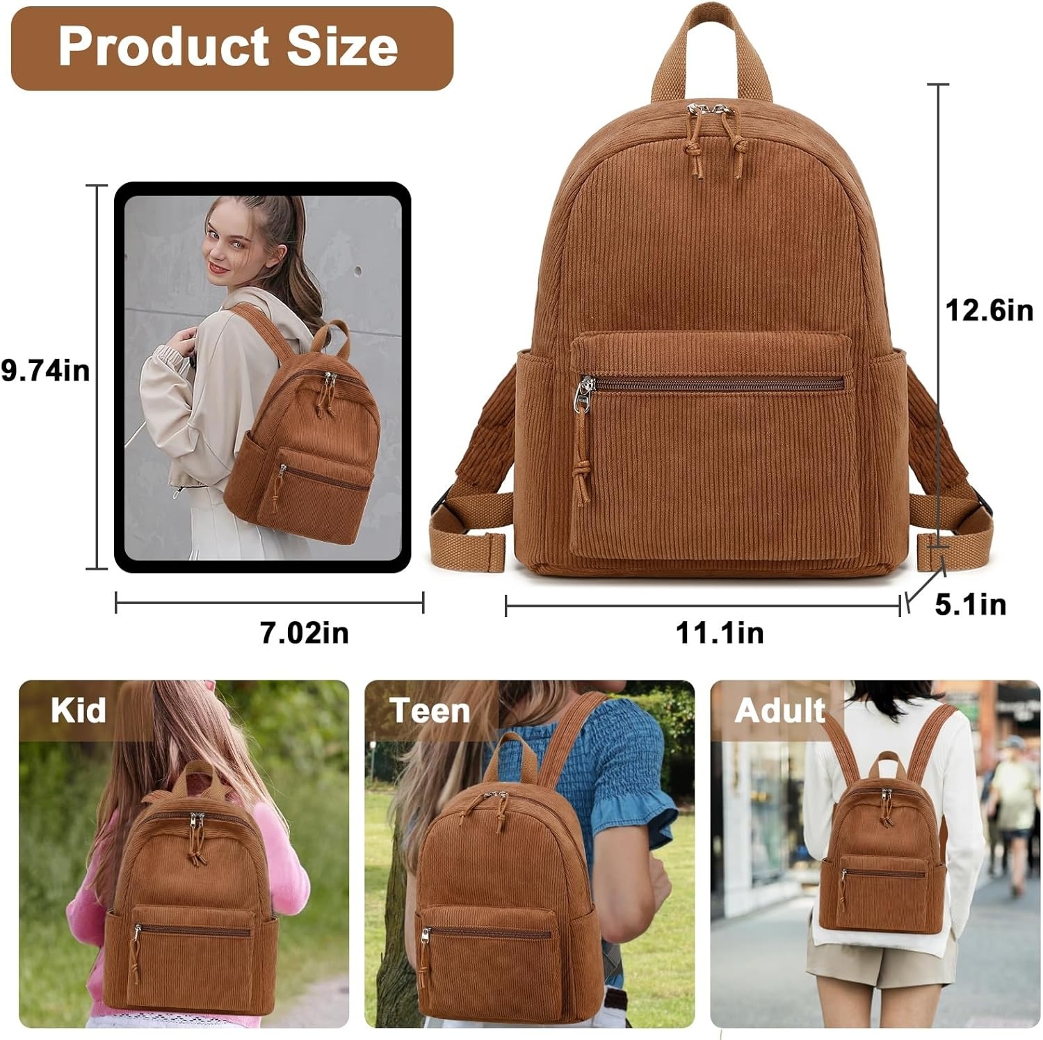 image:imageBTOOP Mini Backpack Women Girls Waterresistant Small Backpack Purse Shoulder Bag for Womens Adult Kids School TravelCorduroybrown