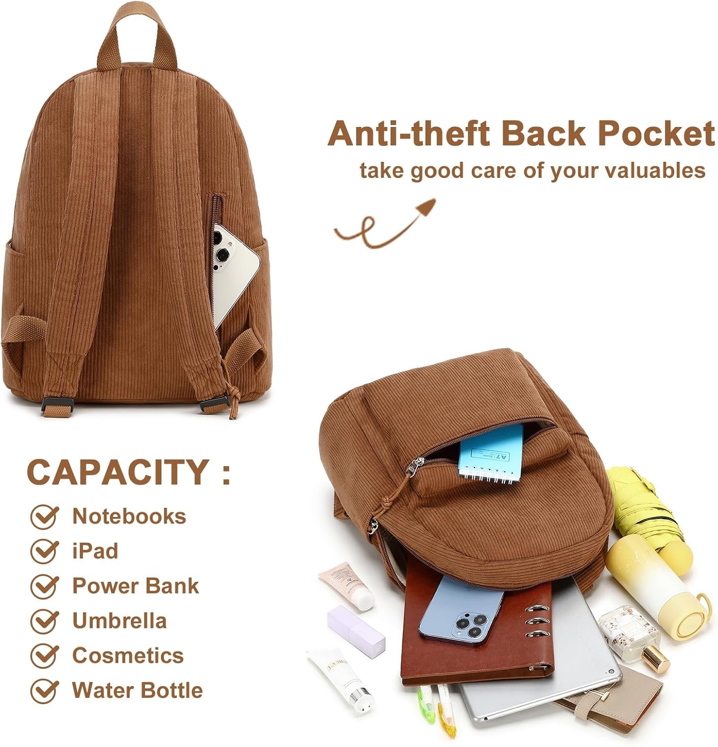image:imageBTOOP Mini Backpack Women Girls Waterresistant Small Backpack Purse Shoulder Bag for Womens Adult Kids School TravelCorduroybrown