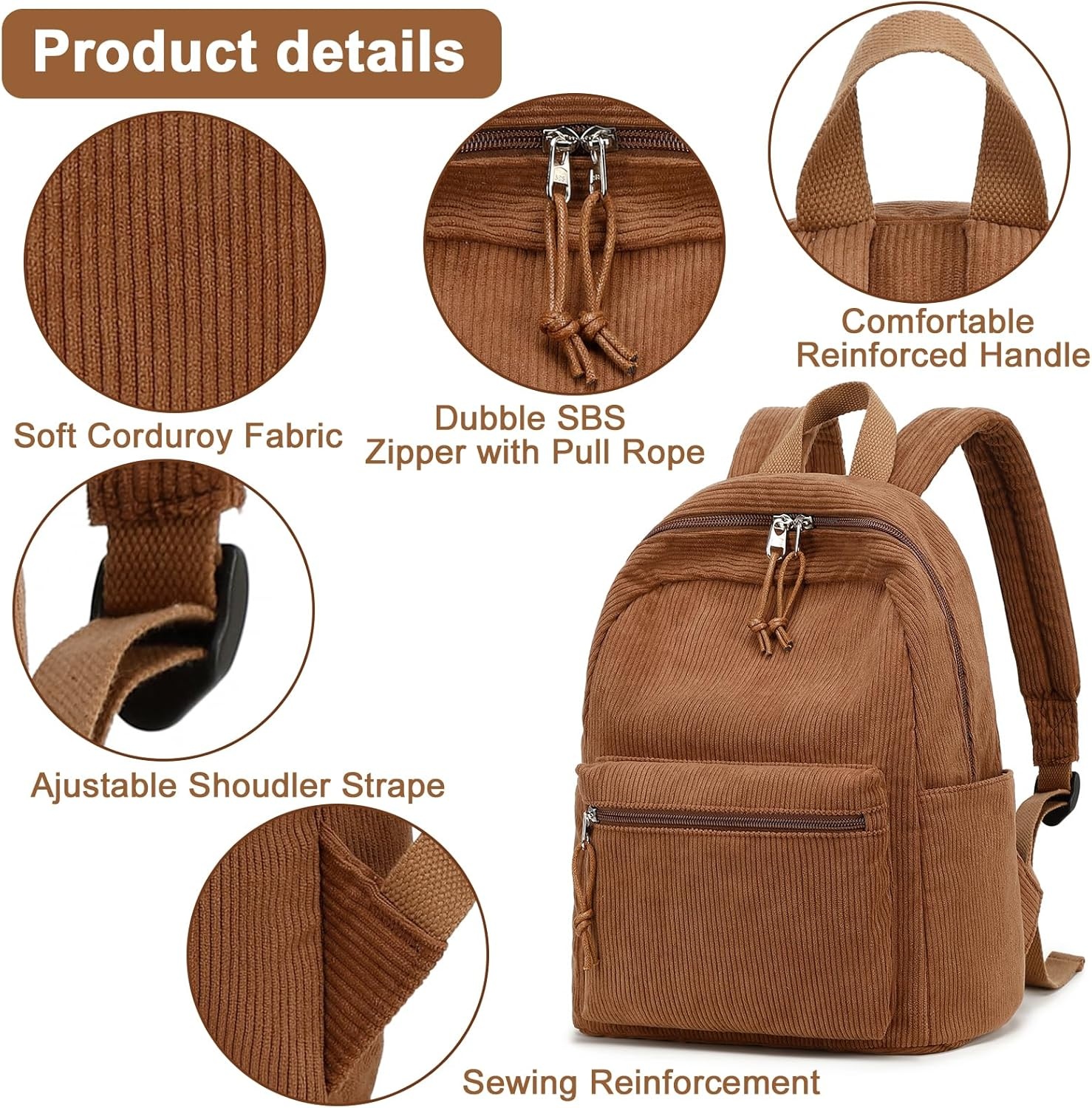 image:imageBTOOP Mini Backpack Women Girls Waterresistant Small Backpack Purse Shoulder Bag for Womens Adult Kids School TravelCorduroybrown