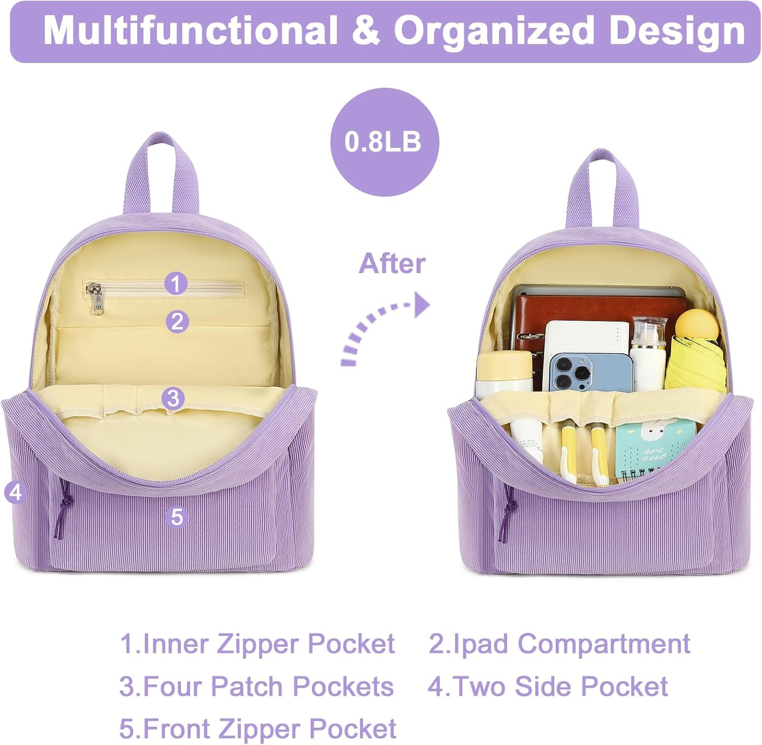 image:imageBTOOP Mini Backpack Women Girls Waterresistant Small Backpack Purse Shoulder Bag for Womens Adult Kids School TravelCorduroypurple