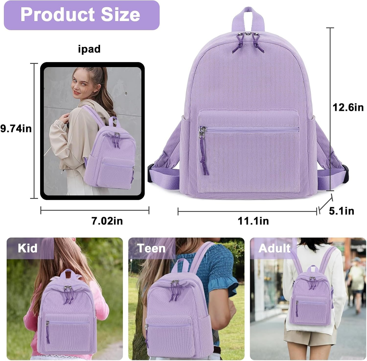 image:imageBTOOP Mini Backpack Women Girls Waterresistant Small Backpack Purse Shoulder Bag for Womens Adult Kids School TravelCorduroypurple