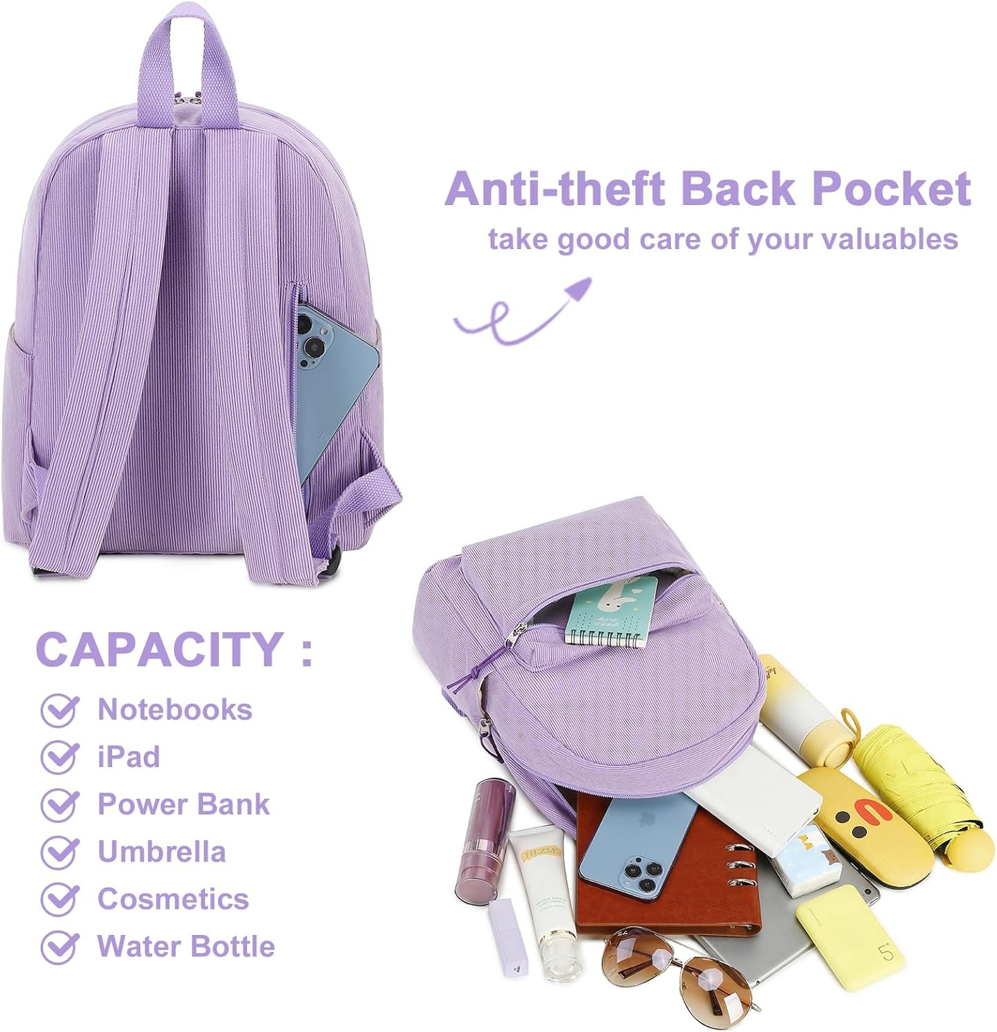image:imageBTOOP Mini Backpack Women Girls Waterresistant Small Backpack Purse Shoulder Bag for Womens Adult Kids School TravelCorduroypurple