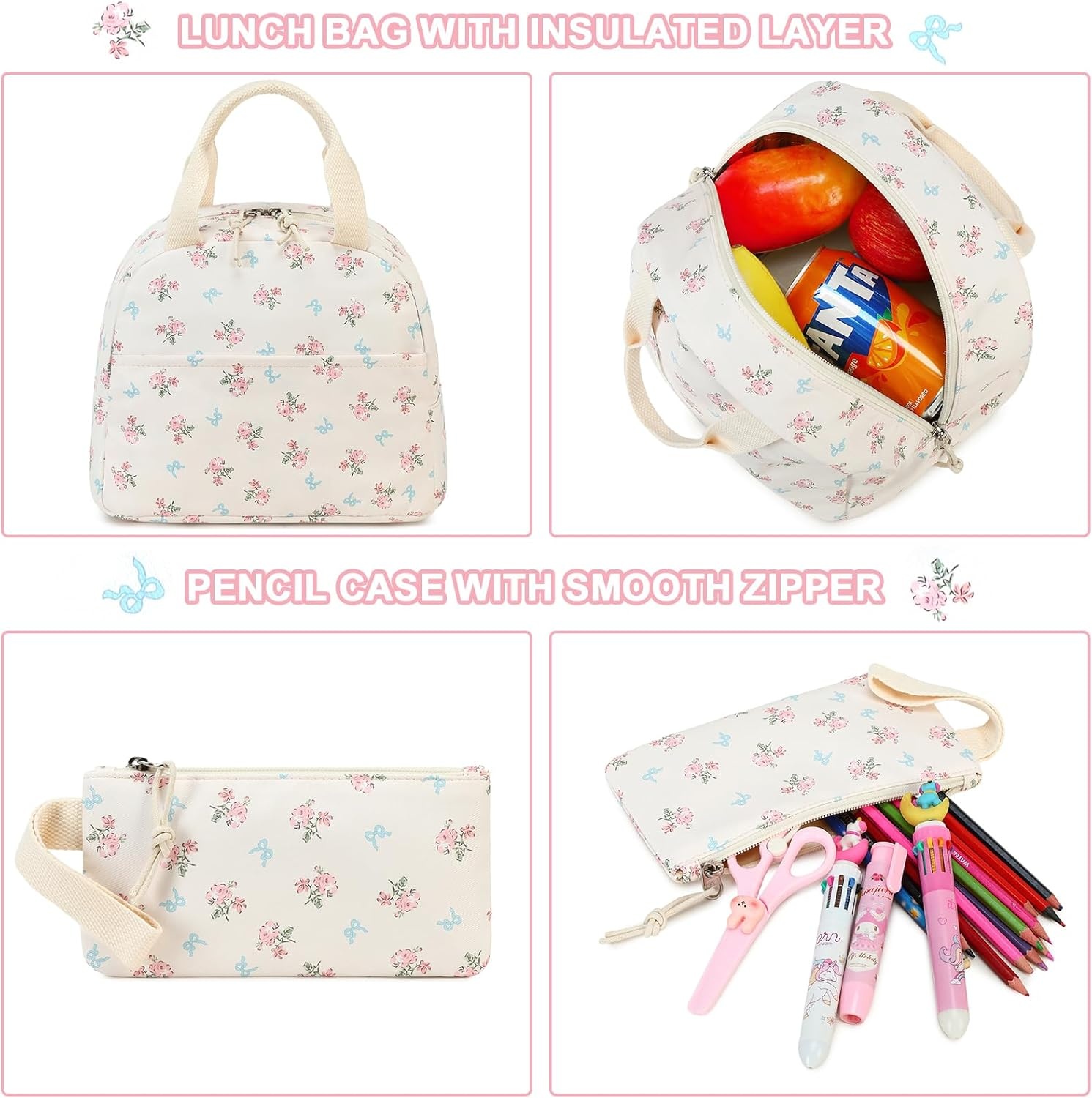 image:imageBTOOP School Backpack for Girls Kids Teens Cute School Bookbag Set with Insulated Lunch Box Pencil CaseBlue Bowpink Flower