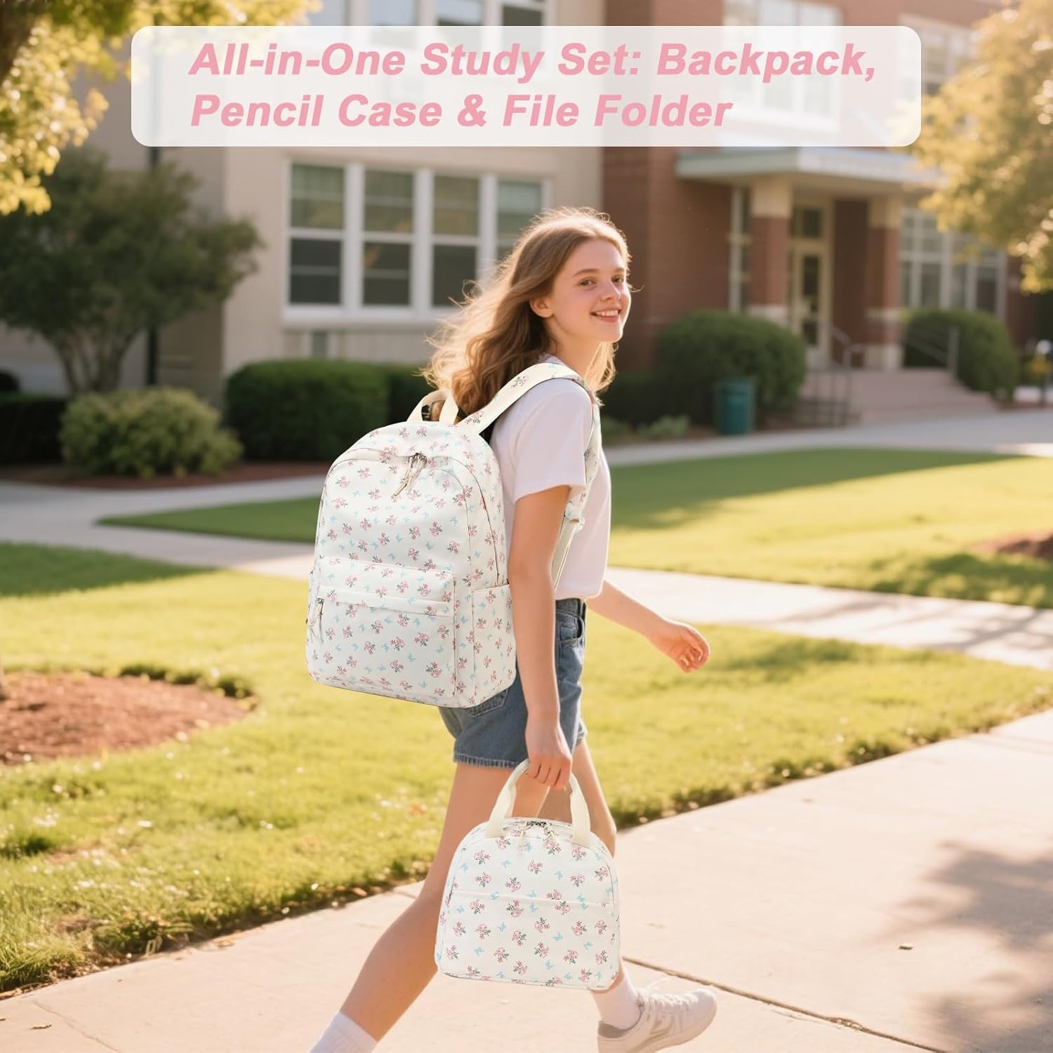 image:imageBTOOP School Backpack for Girls Kids Teens Cute School Bookbag Set with Insulated Lunch Box Pencil CaseBlue Bowpink Flower