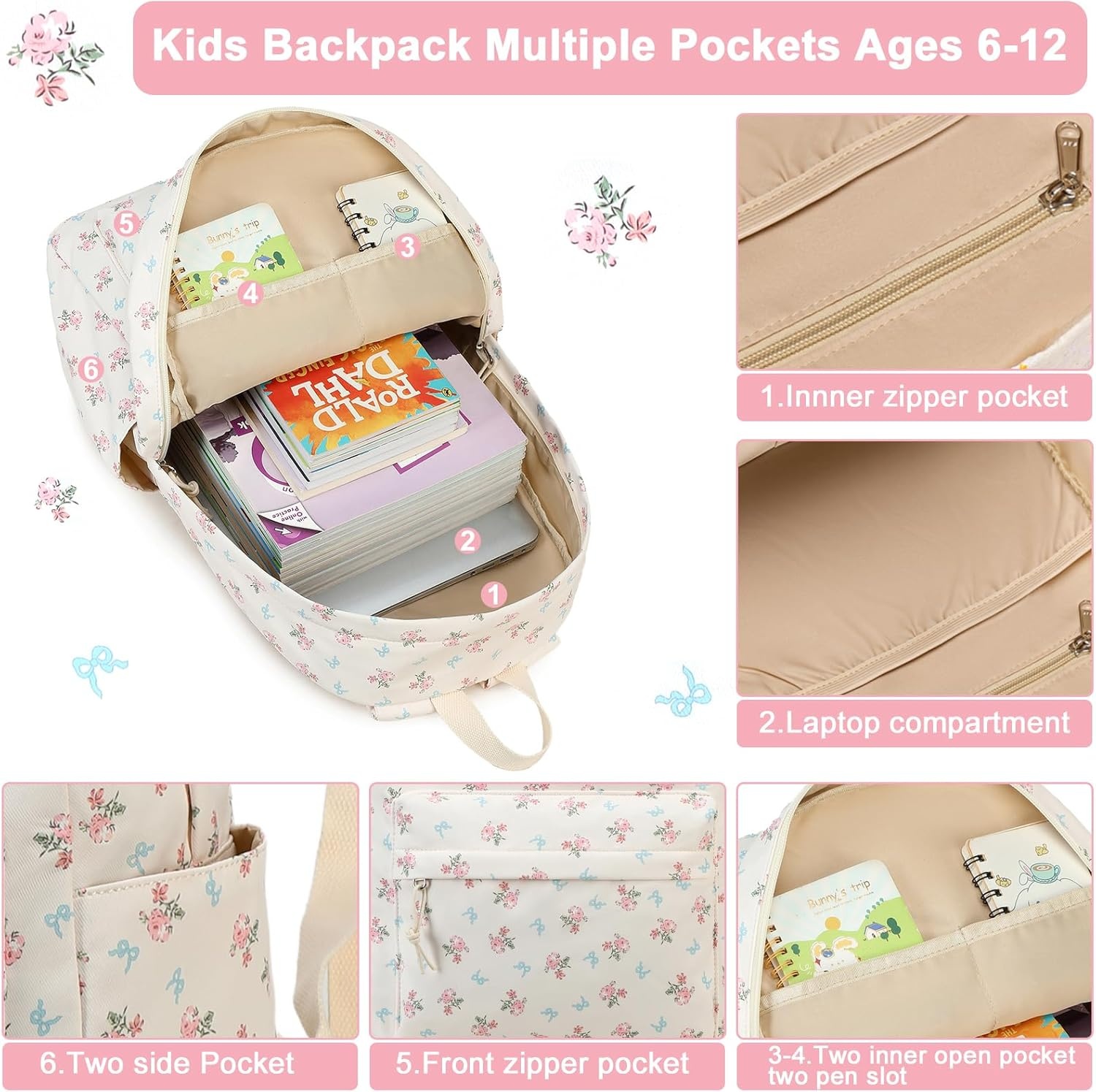 image:imageBTOOP School Backpack for Girls Kids Teens Cute School Bookbag Set with Insulated Lunch Box Pencil CaseBlue Bowpink Flower