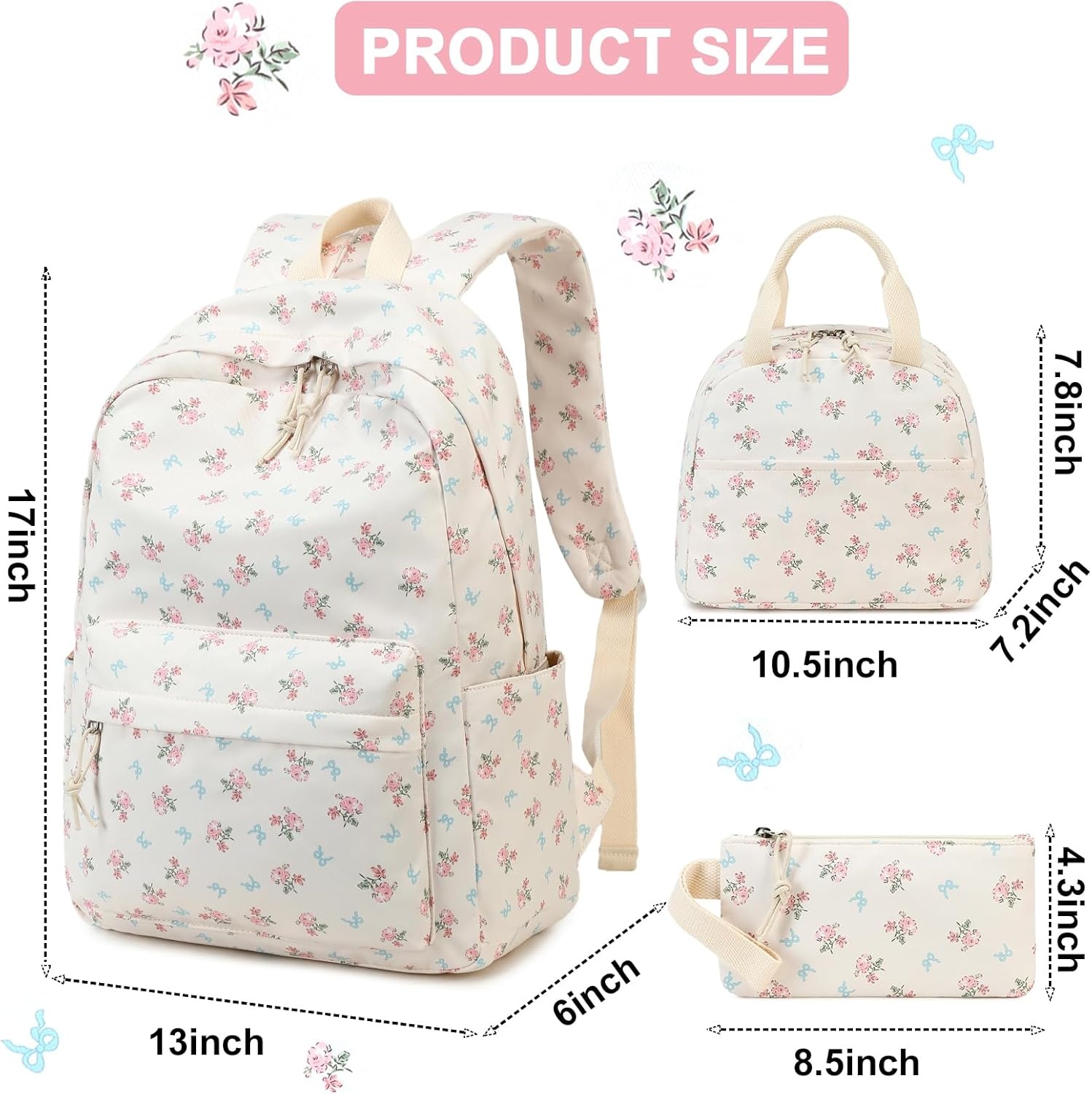image:imageBTOOP School Backpack for Girls Kids Teens Cute School Bookbag Set with Insulated Lunch Box Pencil CaseBlue Bowpink Flower