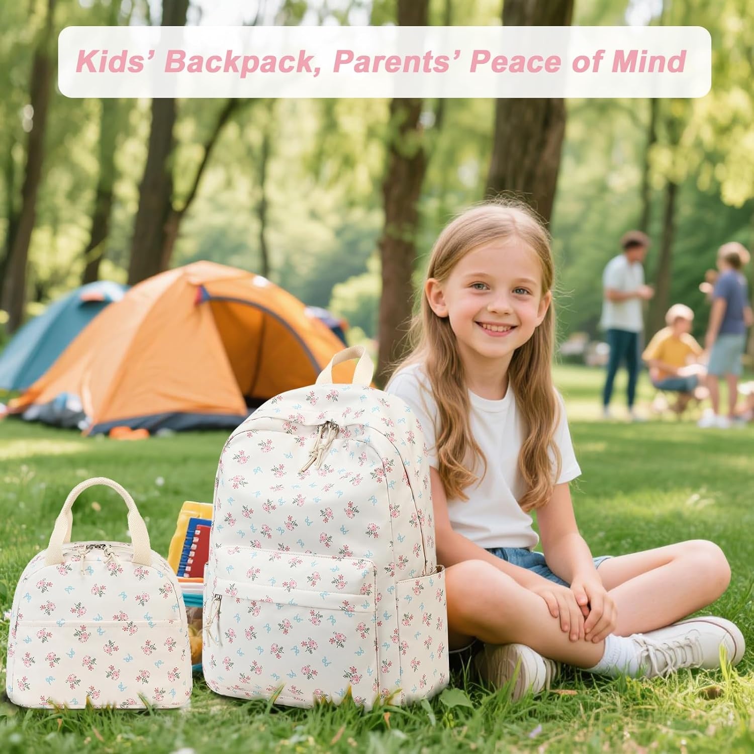 image:imageBTOOP School Backpack for Girls Kids Teens Cute School Bookbag Set with Insulated Lunch Box Pencil CaseBlue Bowpink Flower