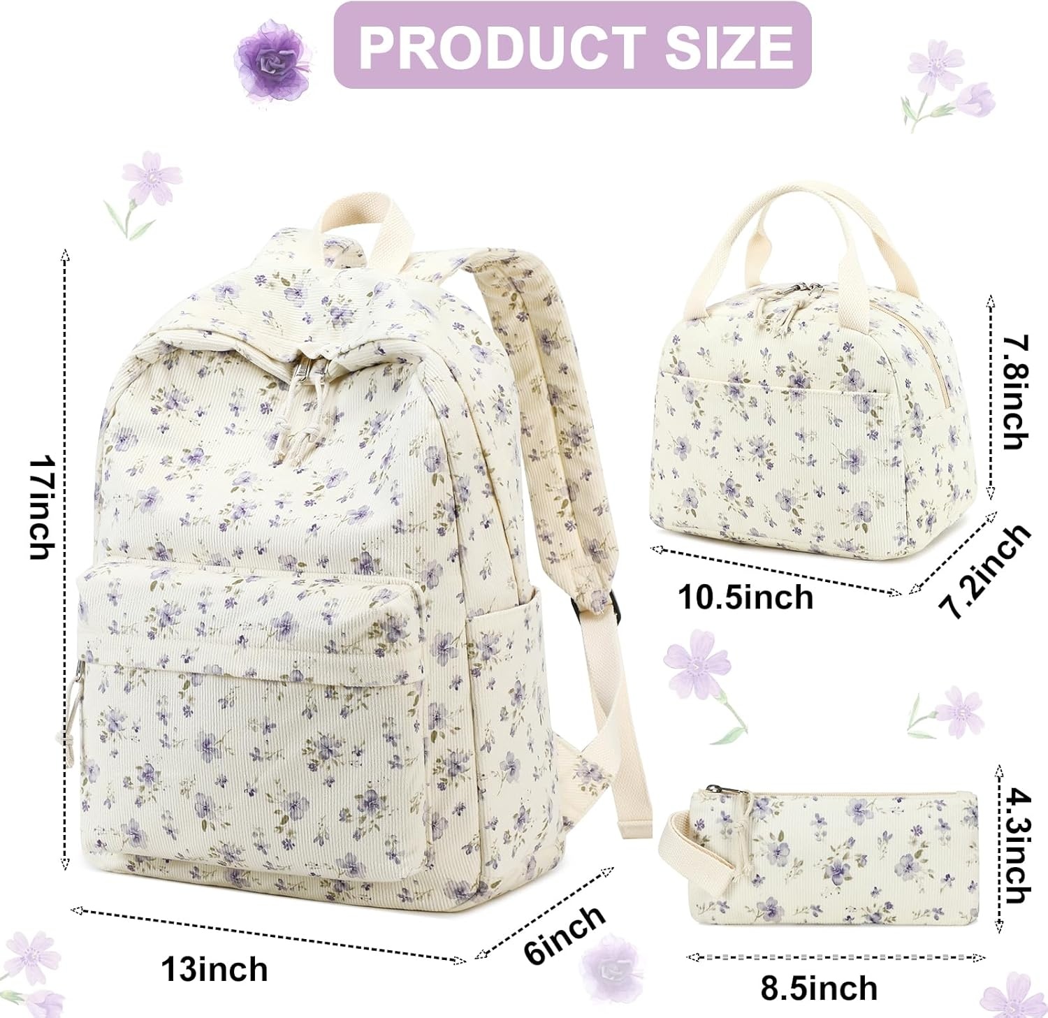 image:imageBTOOP School Backpack for Girls Kids Teens Cute School Bookbag Set with Insulated Lunch Box Pencil CasePurple Flower 201