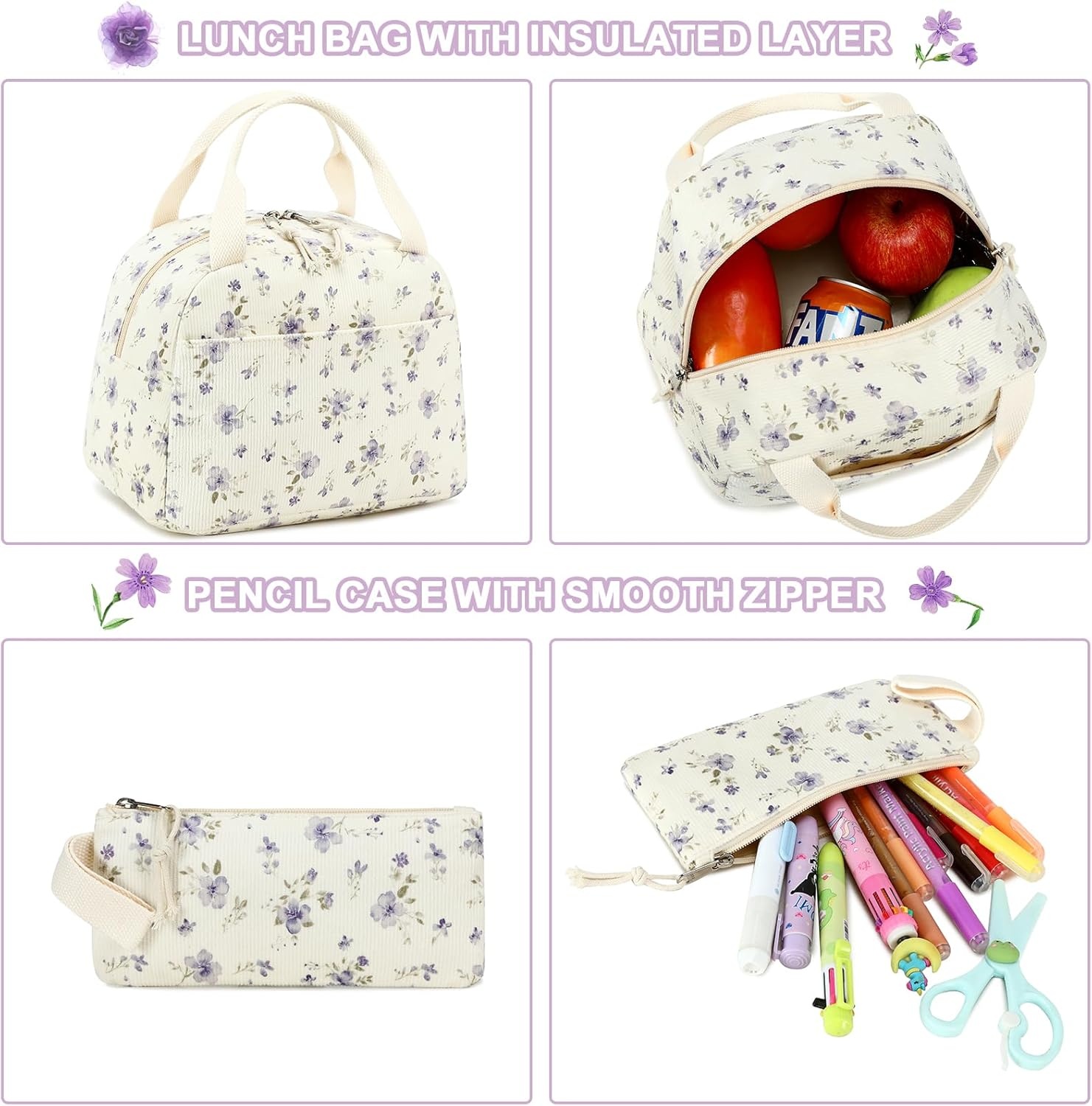 image:imageBTOOP School Backpack for Girls Kids Teens Cute School Bookbag Set with Insulated Lunch Box Pencil CasePurple Flower 201