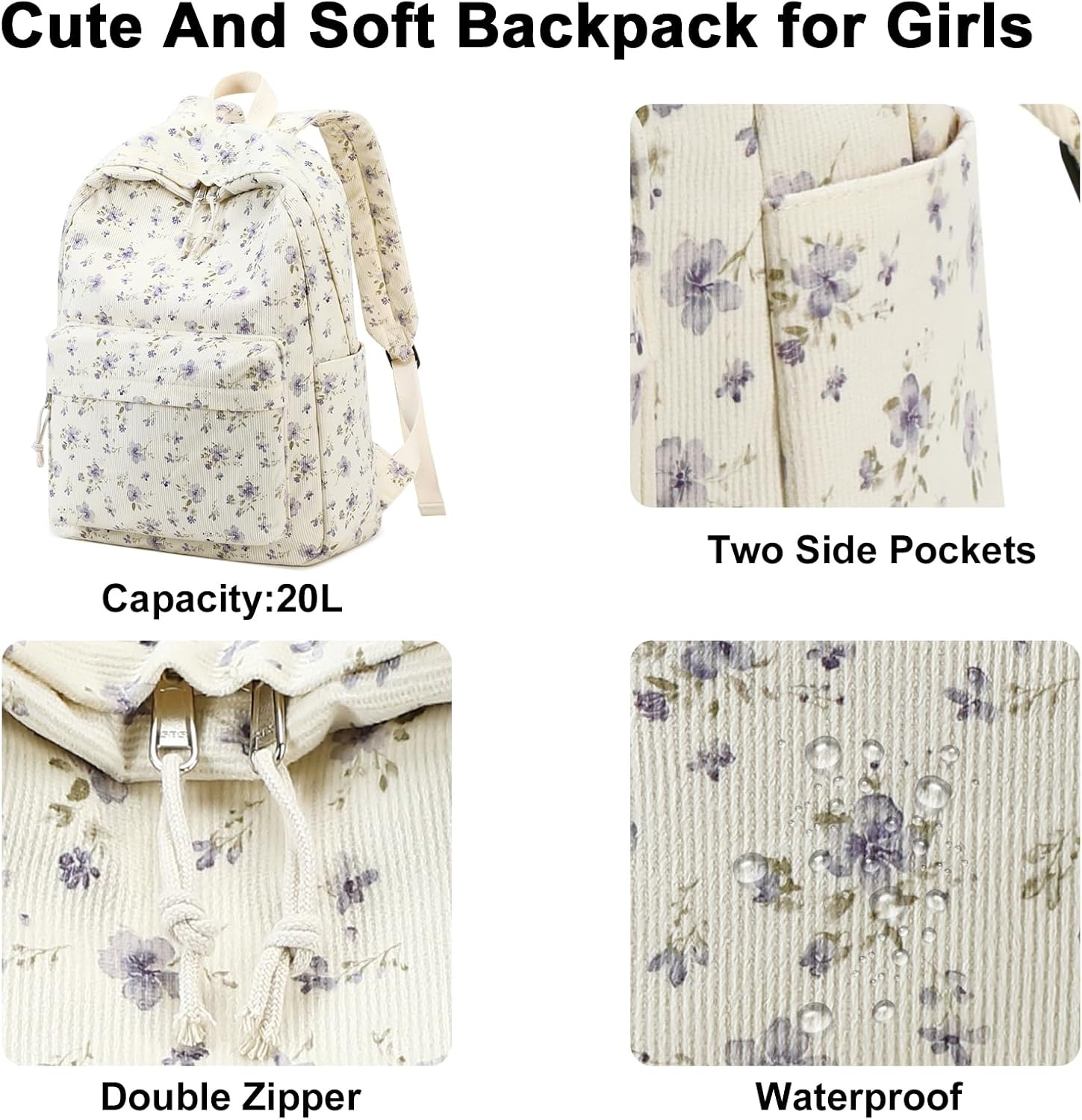 image:imageBTOOP School Backpack for Girls Kids Teens Cute School Bookbag Set with Insulated Lunch Box Pencil CasePurple Flower 201