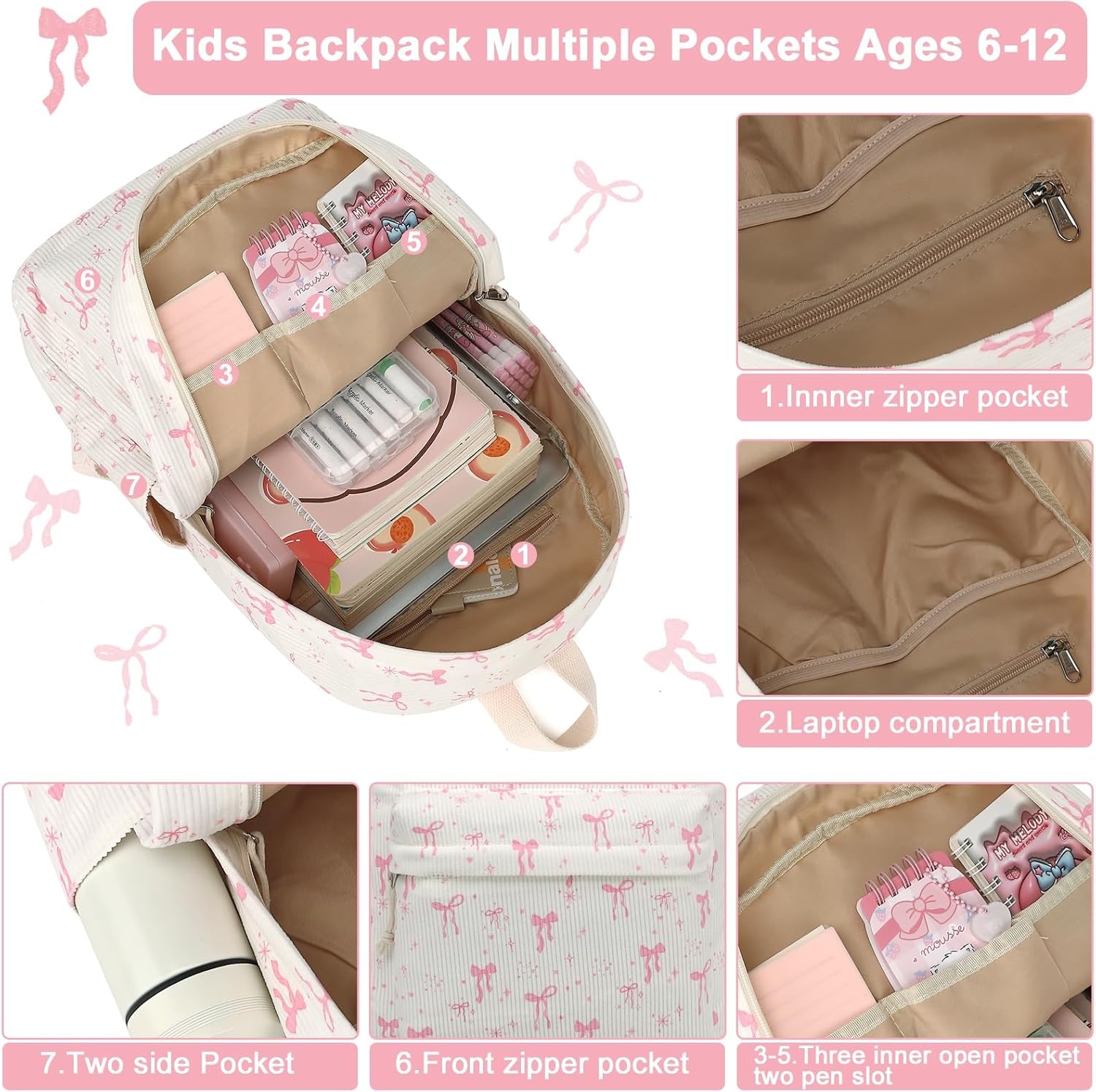 image:imageBTOOP School Backpack for Teens Large Corduroy Bookbag Lightweight 156 inch Laptop Bag for Girls Women Casual High School CollegeApink Bow