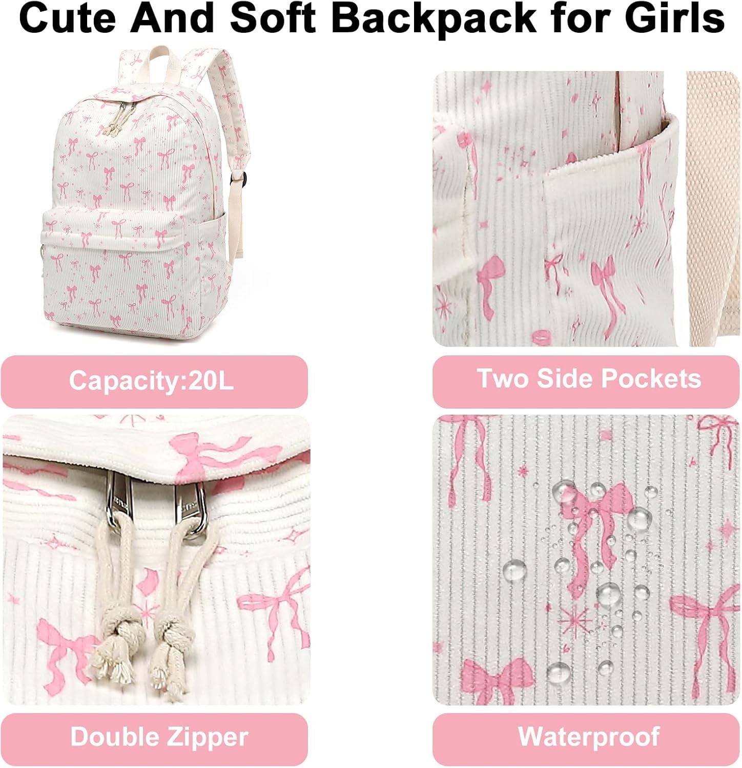 image:imageBTOOP School Backpack for Teens Large Corduroy Bookbag Lightweight 156 inch Laptop Bag for Girls Women Casual High School CollegeApink Bow