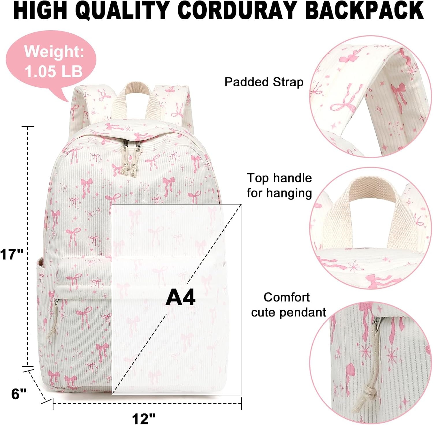 image:imageBTOOP School Backpack for Teens Large Corduroy Bookbag Lightweight 156 inch Laptop Bag for Girls Women Casual High School CollegeApink Bow