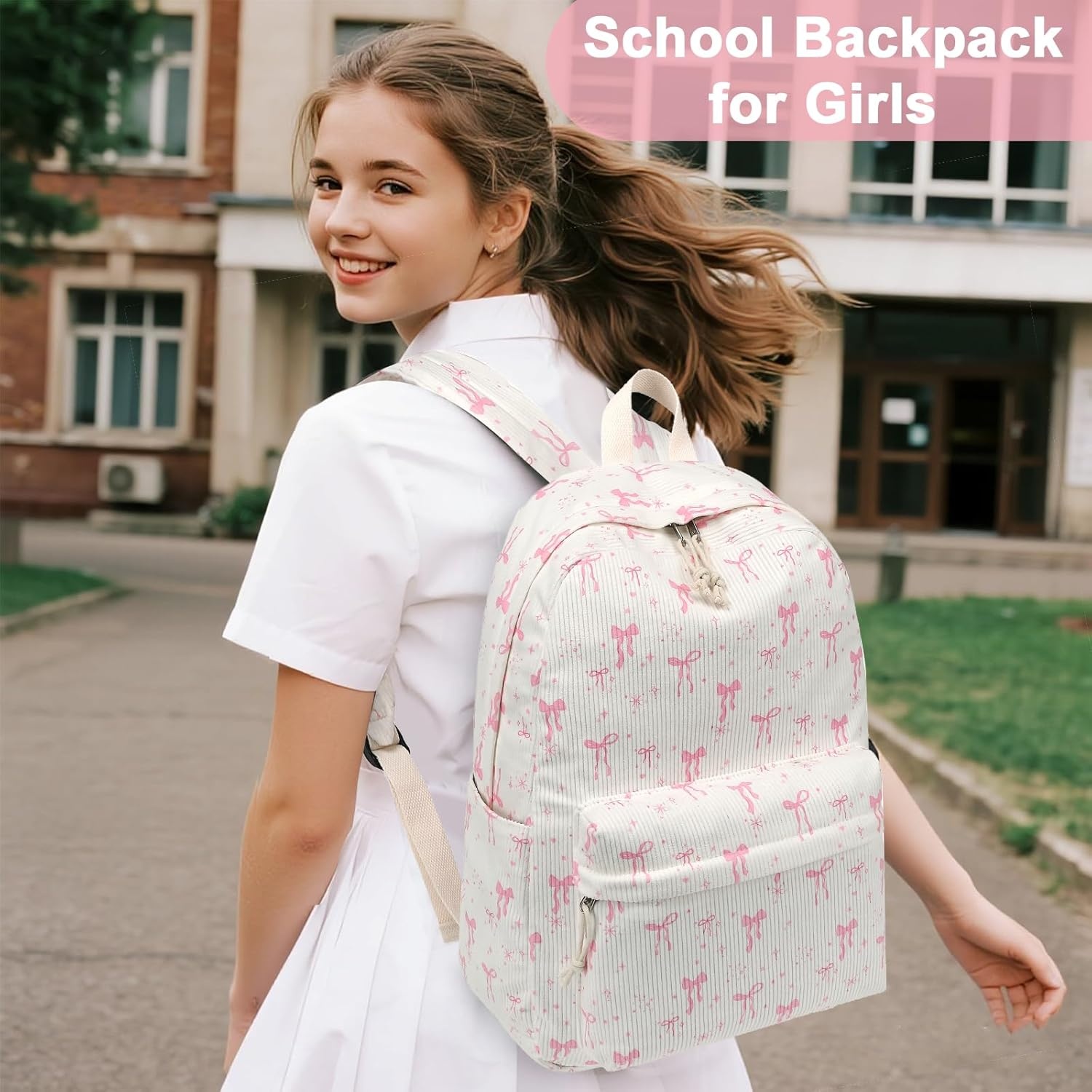 image:imageBTOOP School Backpack for Teens Large Corduroy Bookbag Lightweight 156 inch Laptop Bag for Girls Women Casual High School CollegeApink Bow