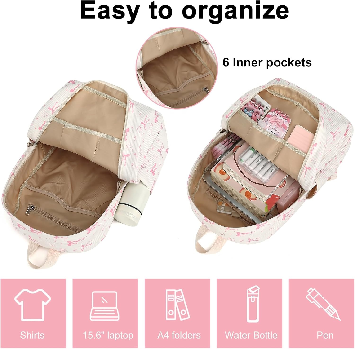 image:imageBTOOP School Backpack for Teens Large Corduroy Bookbag Lightweight 156 inch Laptop Bag for Girls Women Casual High School CollegeApink Bow