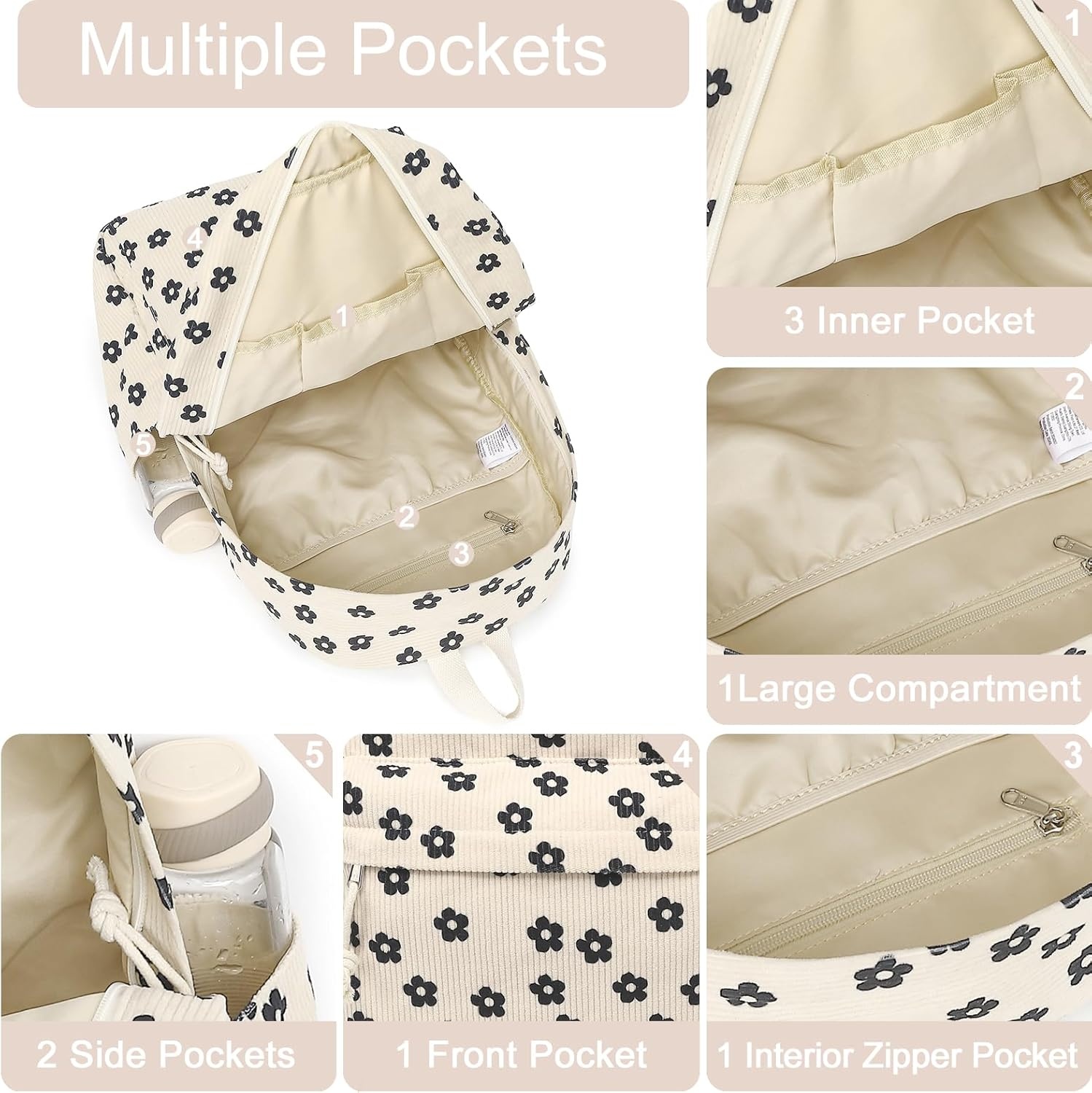 image:imageBTOOP School Backpack for Teens Large Corduroy Bookbag Lightweight 156 inch Laptop Bag for Girls Women Casual High School CollegeBeige Floral