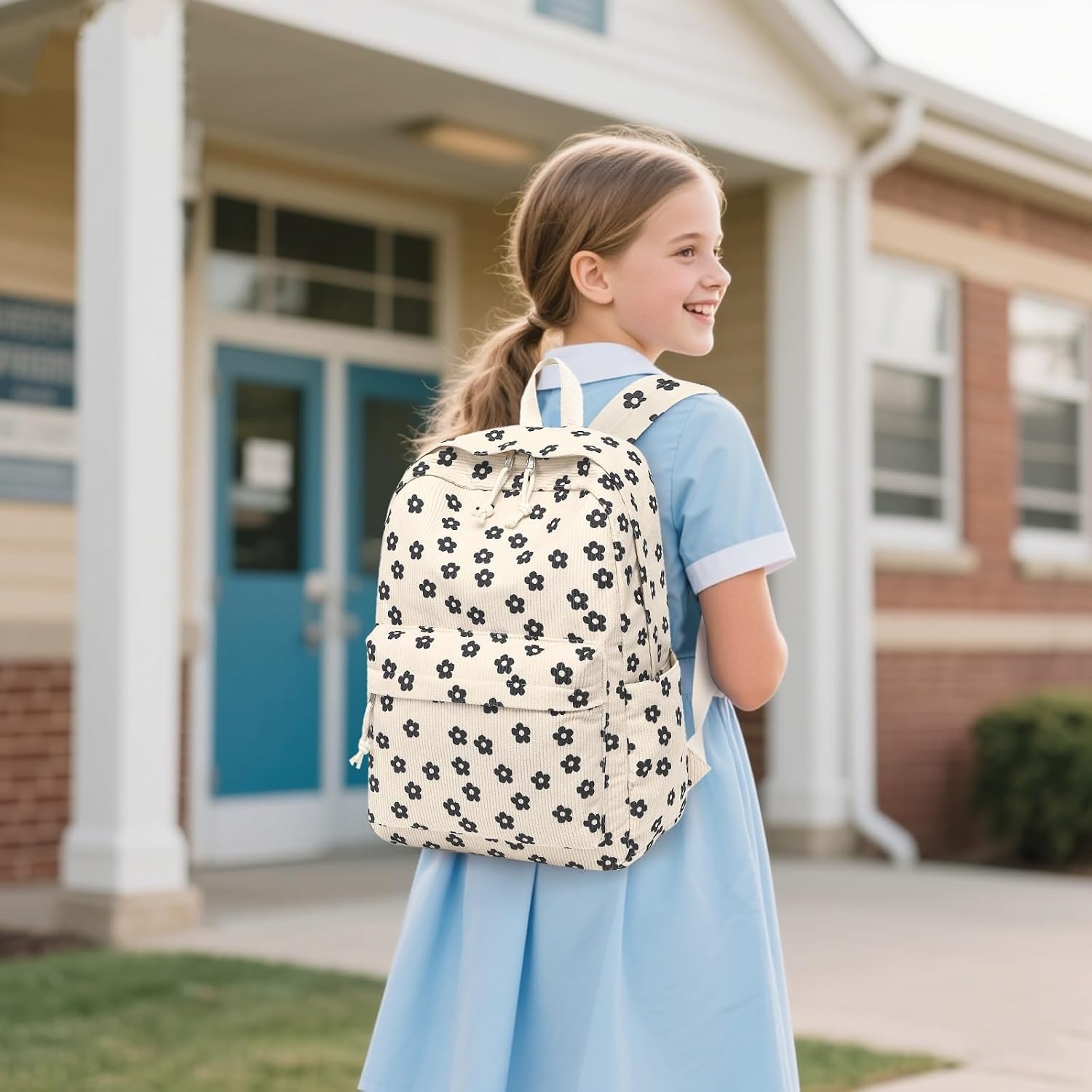 image:imageBTOOP School Backpack for Teens Large Corduroy Bookbag Lightweight 156 inch Laptop Bag for Girls Women Casual High School CollegeBeige Floral