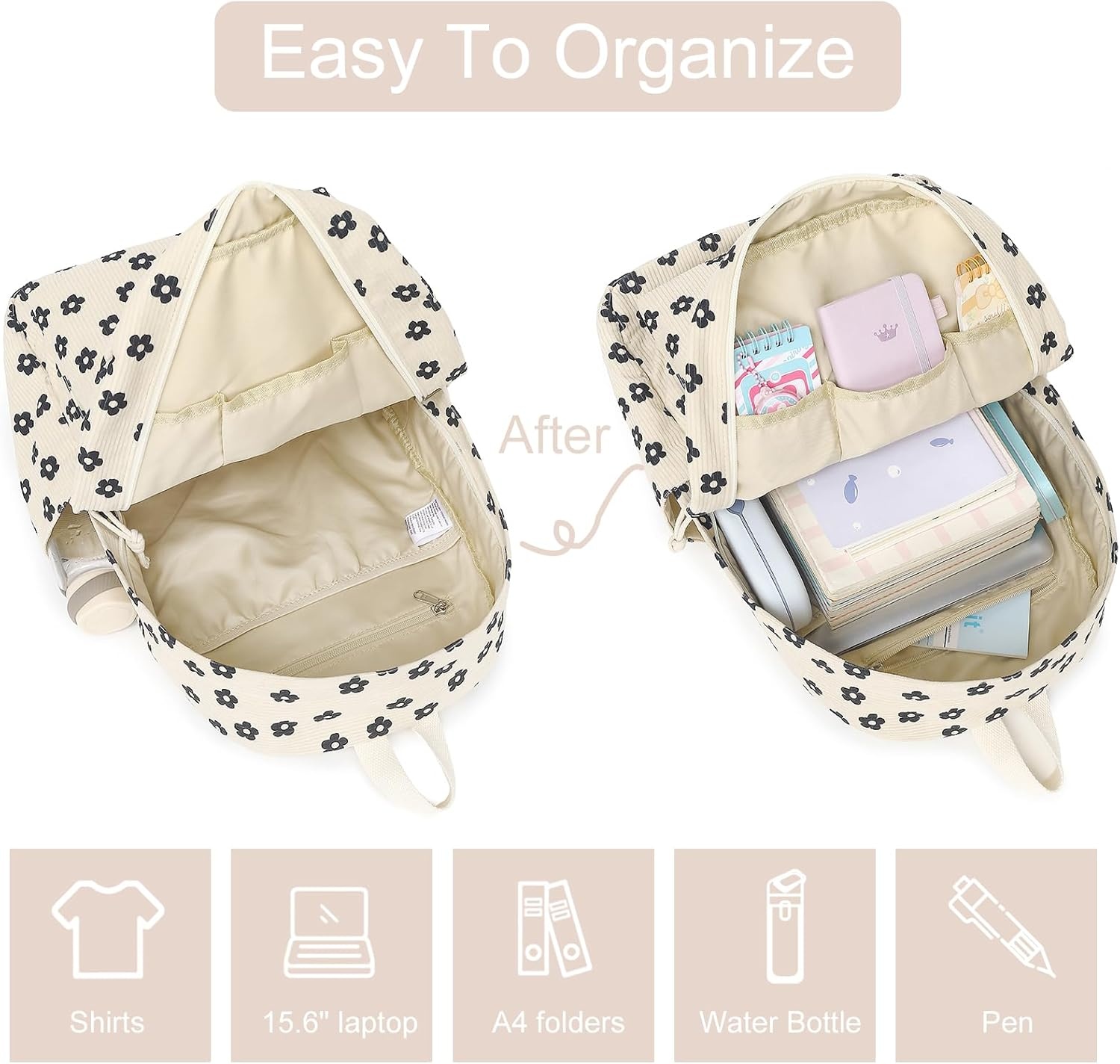image:imageBTOOP School Backpack for Teens Large Corduroy Bookbag Lightweight 156 inch Laptop Bag for Girls Women Casual High School CollegeBeige Floral