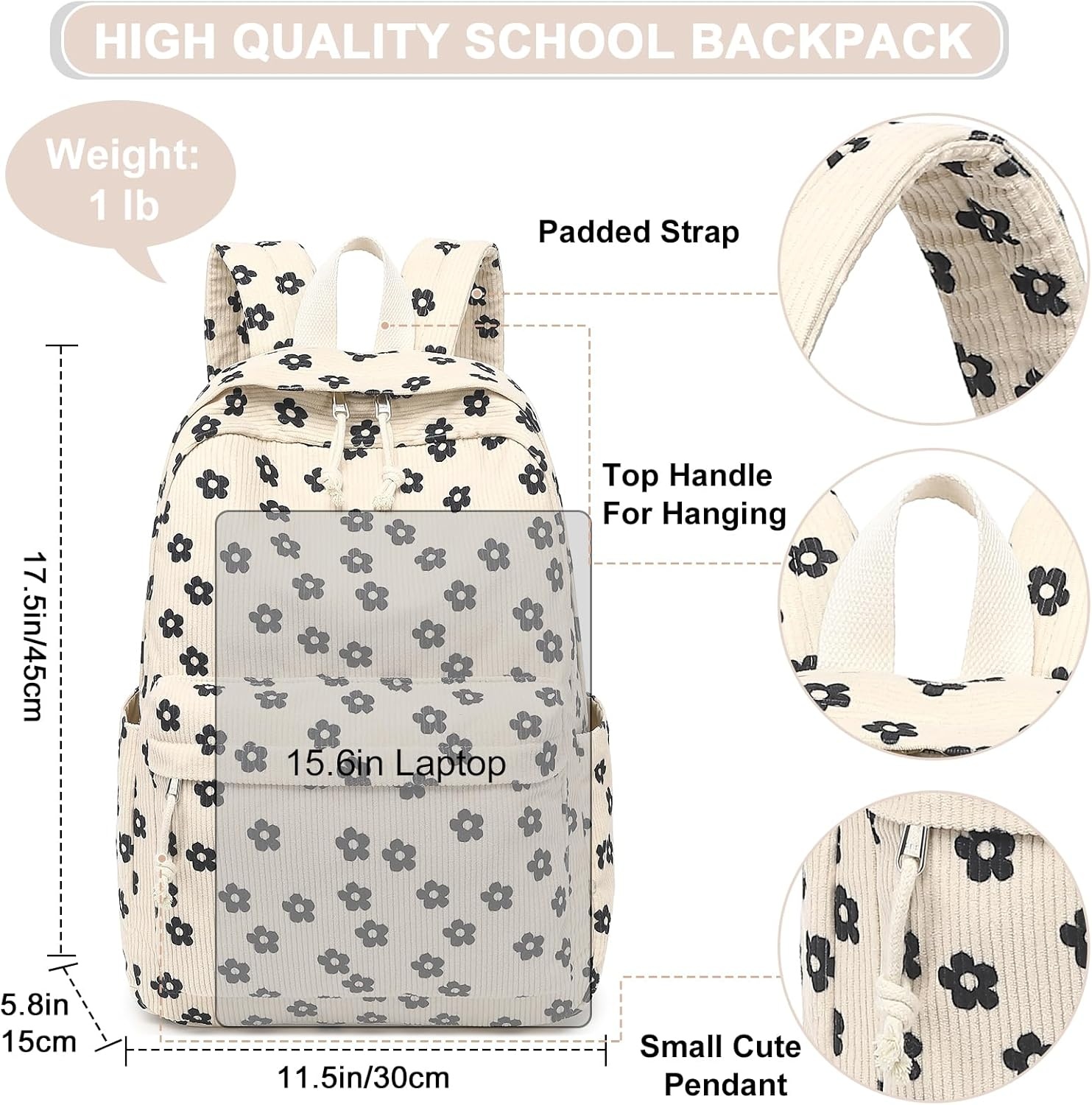 image:imageBTOOP School Backpack for Teens Large Corduroy Bookbag Lightweight 156 inch Laptop Bag for Girls Women Casual High School CollegeBeige Floral