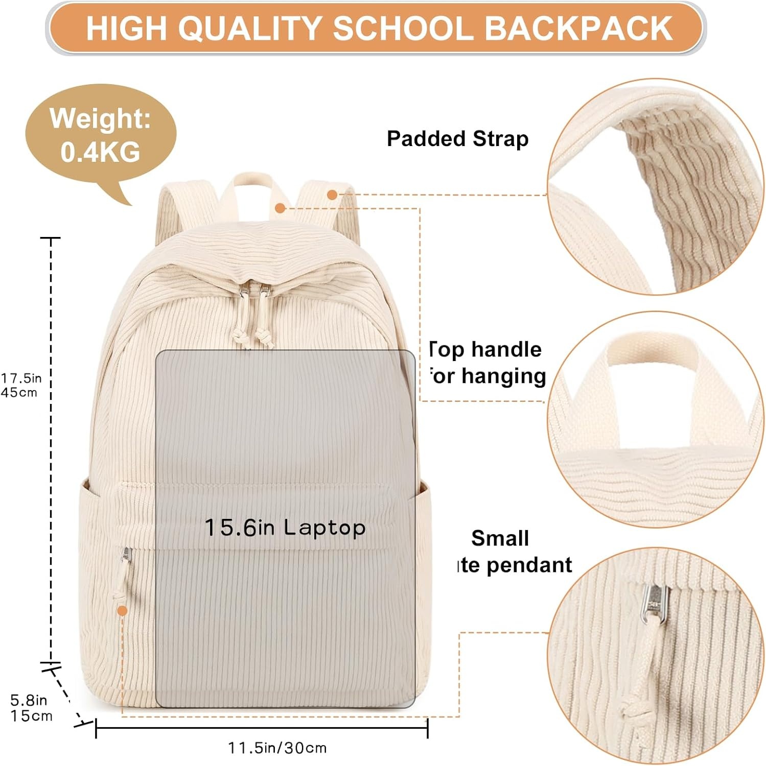 image:imageBTOOP School Backpack for Teens Large Corduroy Bookbag Lightweight 156 inch Laptop Bag for Girls Women Casual High School CollegeBeige