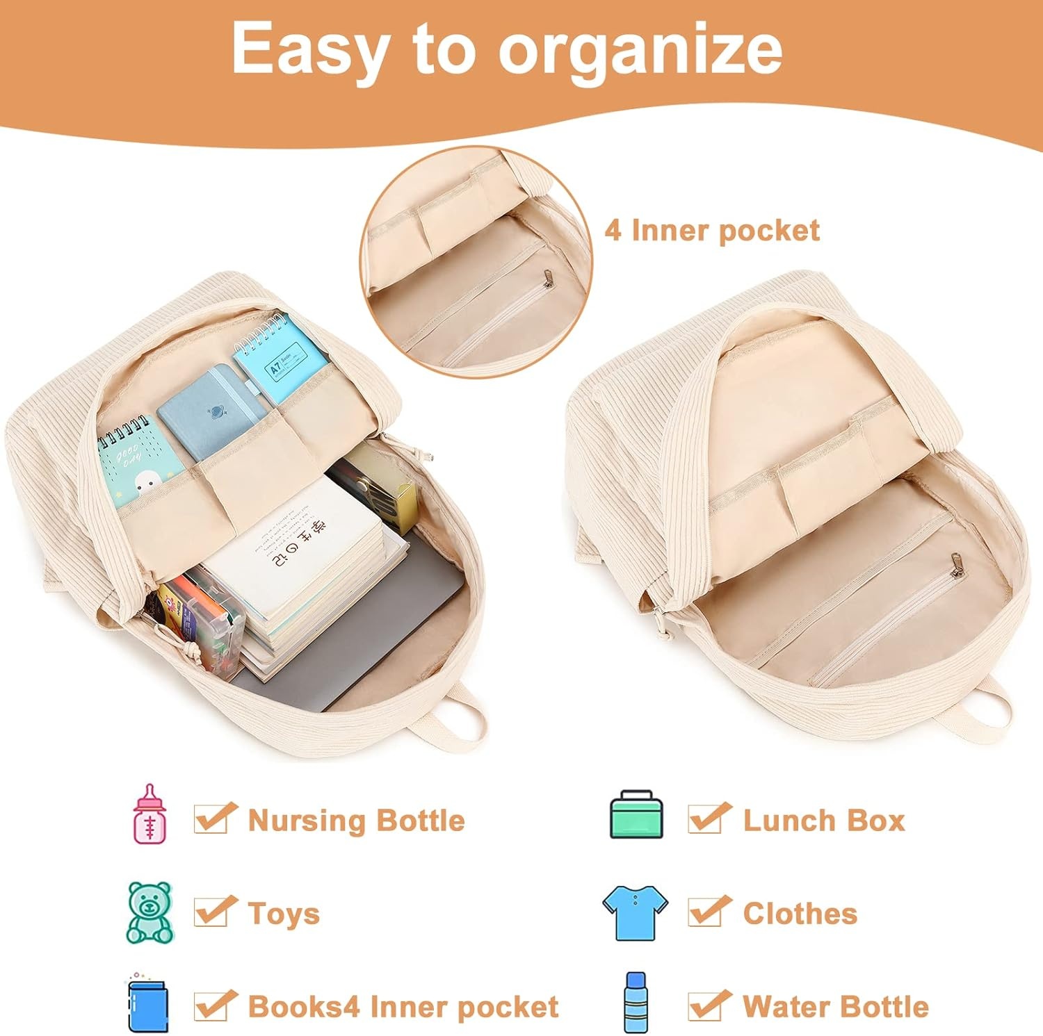 image:imageBTOOP School Backpack for Teens Large Corduroy Bookbag Lightweight 156 inch Laptop Bag for Girls Women Casual High School CollegeBeige