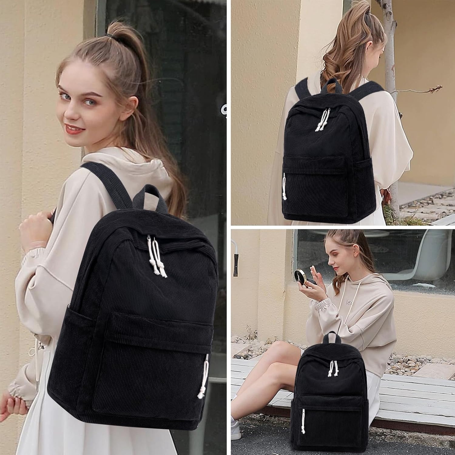 image:imageBTOOP School Backpack for Teens Large Corduroy Bookbag Lightweight 156 inch Laptop Bag for Girls Women Casual High School CollegeBlack